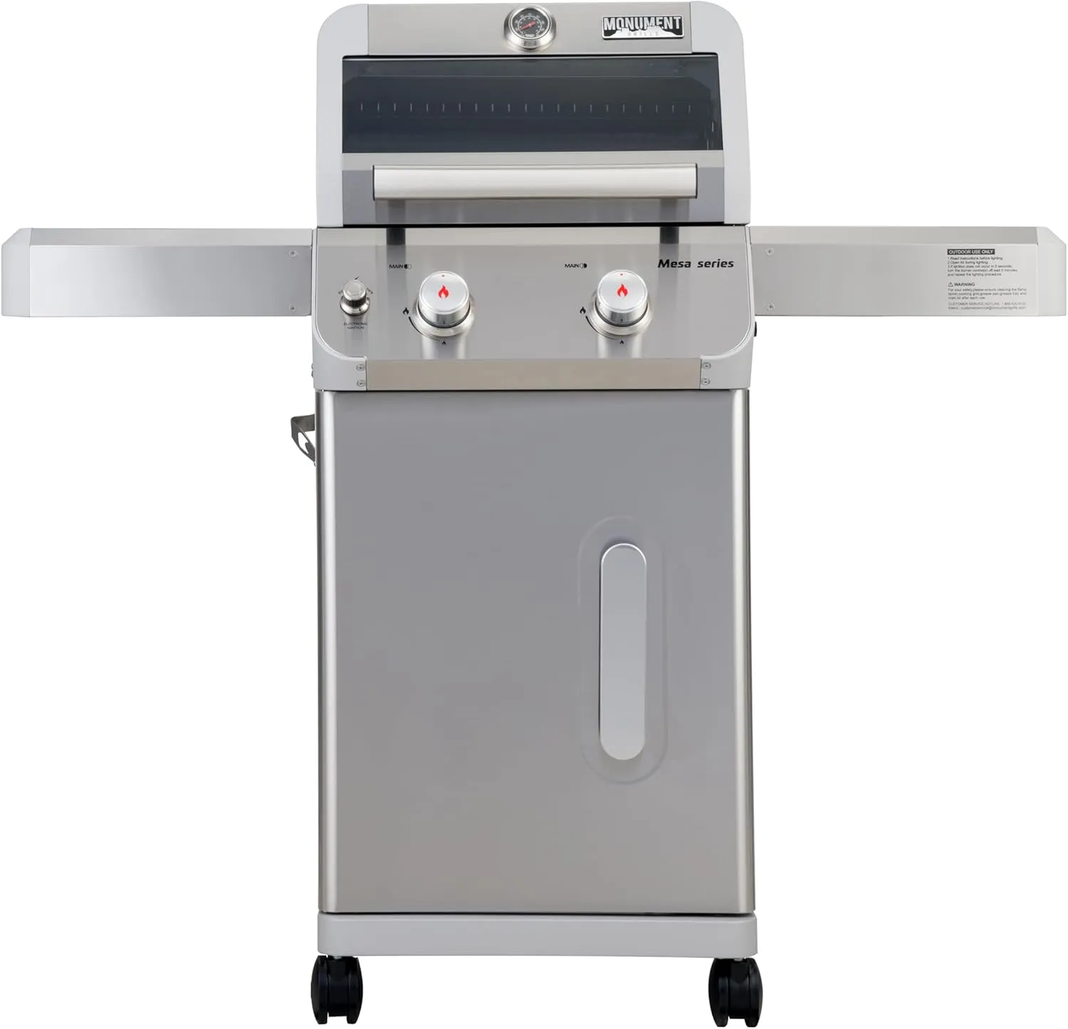 Monument Grills 2-Burner Stainless Steel Liquid Propane Gas Patio Garden Barbecue Grill with Clearview® Lid, Knob Control and Two Foldable Shelves Mesa200S