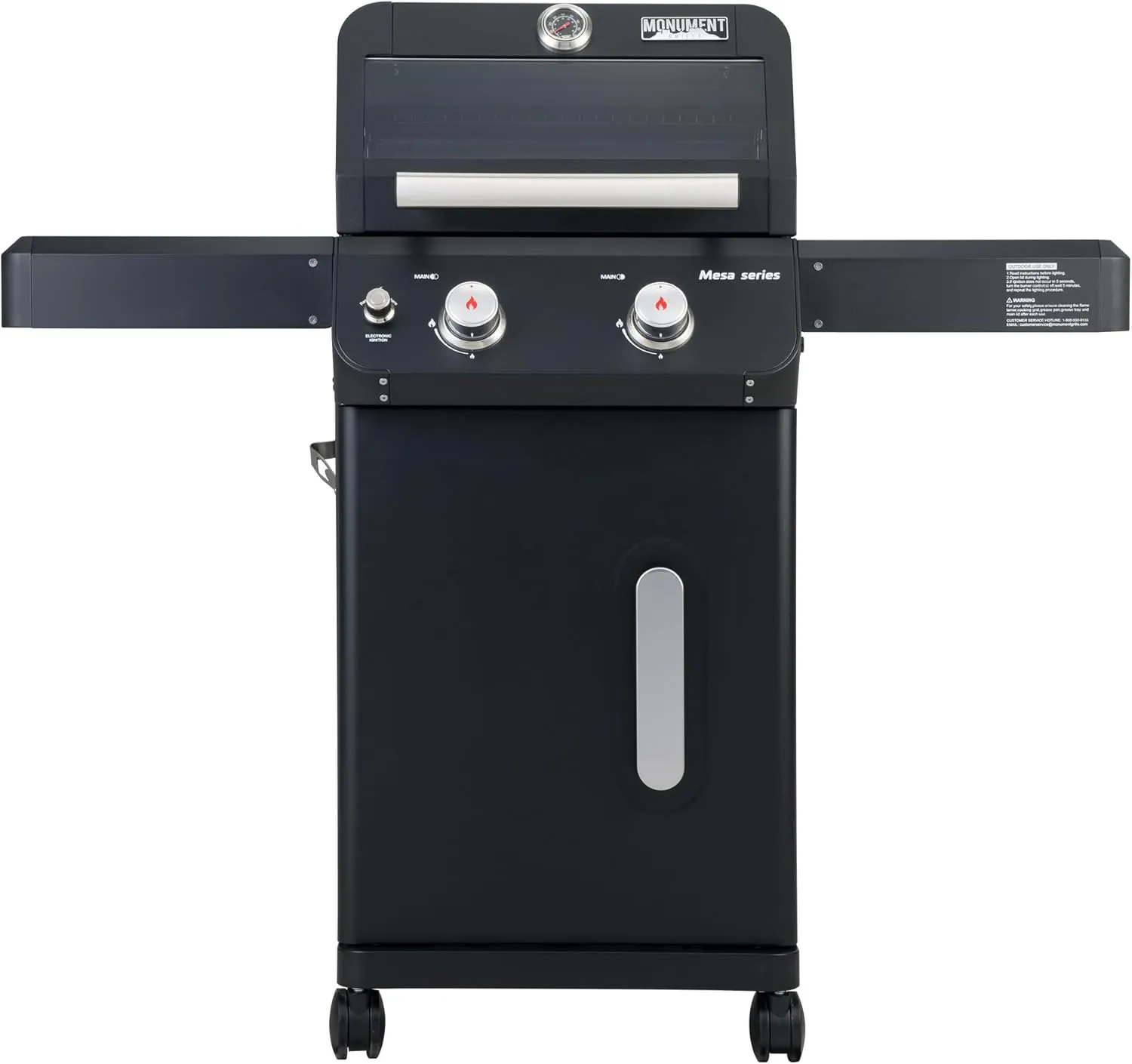 Monument Grills 2-Burner Stainless Steel Liquid Propane Gas Patio Garden Barbecue Grill with Clearview® Lid, Knob Control and Two Foldable Shelves Mesa220 with BBQ Cover