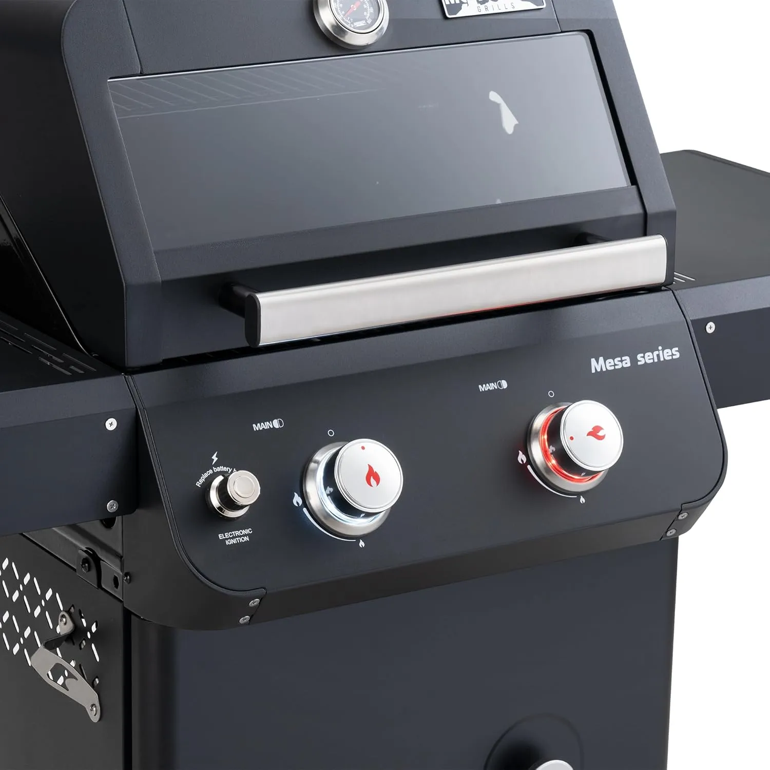 Monument Grills 2-Burner Stainless Steel Liquid Propane Gas Patio Garden Barbecue Grill with Clearview® Lid, Knob Control and Two Foldable Shelves Mesa220 with BBQ Cover