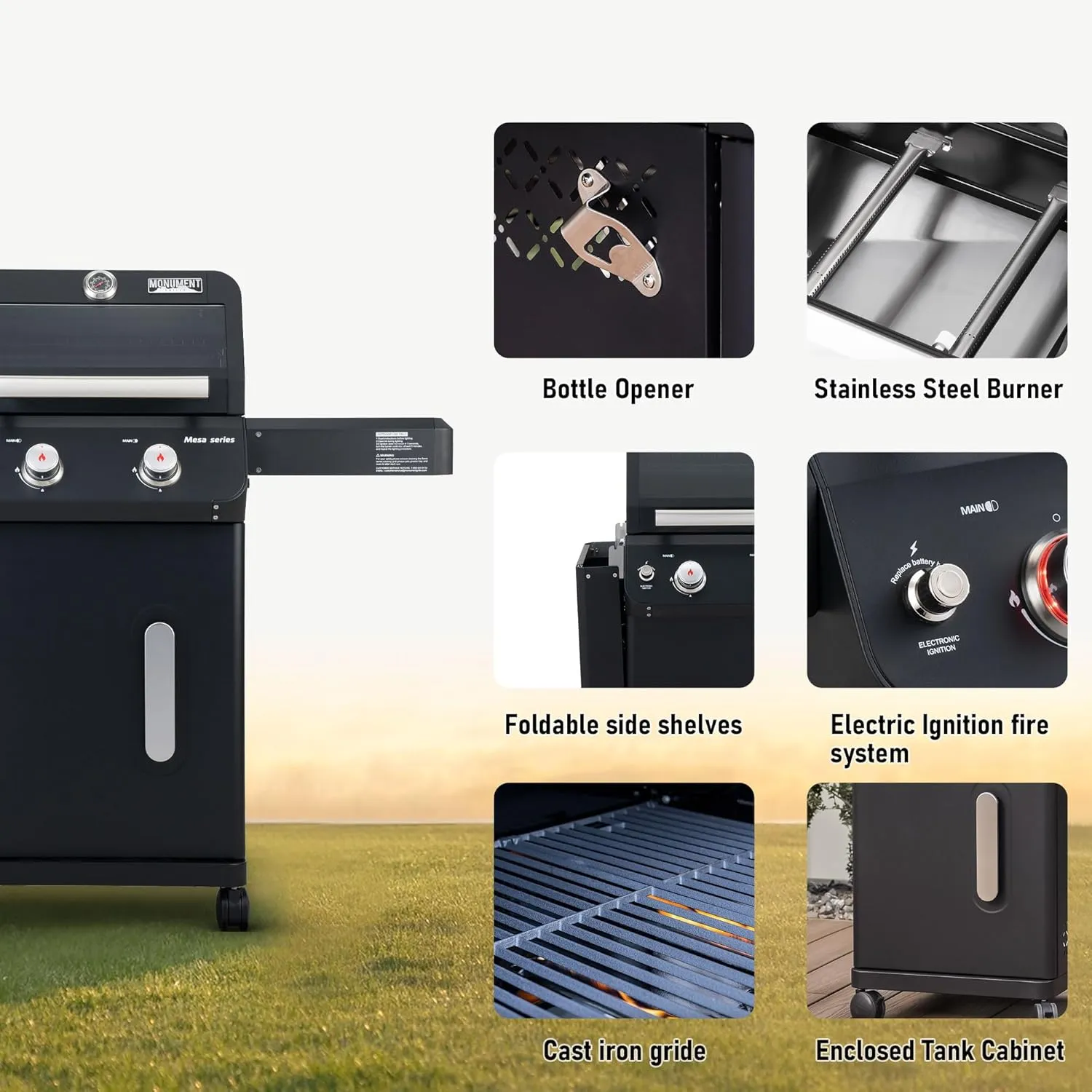 Monument Grills 2-Burner Stainless Steel Liquid Propane Gas Patio Garden Barbecue Grill with Clearview® Lid, Knob Control and Two Foldable Shelves Mesa220 with BBQ Cover