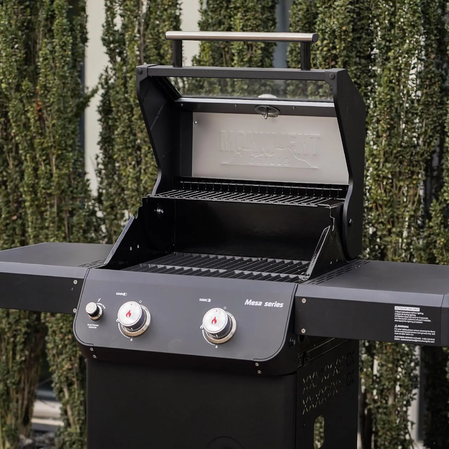 Monument Grills 2-Burner Stainless Steel Liquid Propane Gas Patio Garden Barbecue Grill with Clearview® Lid, Knob Control and Two Foldable Shelves Mesa220 with BBQ Cover