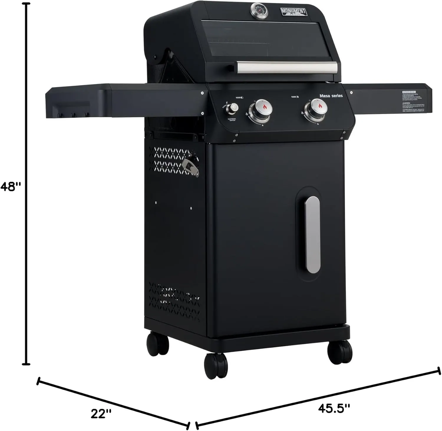 Monument Grills 2-Burner Stainless Steel Liquid Propane Gas Patio Garden Barbecue Grill with Clearview® Lid, Knob Control and Two Foldable Shelves Mesa220 with BBQ Cover