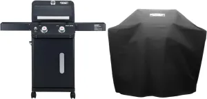 Monument Grills 2-Burner Stainless Steel Liquid Propane Gas Patio Garden Barbecue Grill with Clearview® Lid, Knob Control and Two Foldable Shelves Mesa220 with BBQ Cover