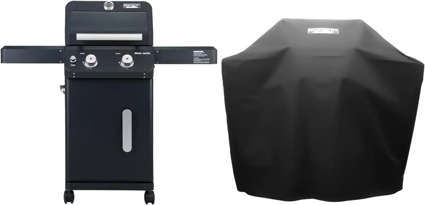 Monument Grills 2-Burner Stainless Steel Liquid Propane Gas Patio Garden Barbecue Grill with Clearview® Lid, Knob Control and Two Foldable Shelves Mesa220 with BBQ Cover
