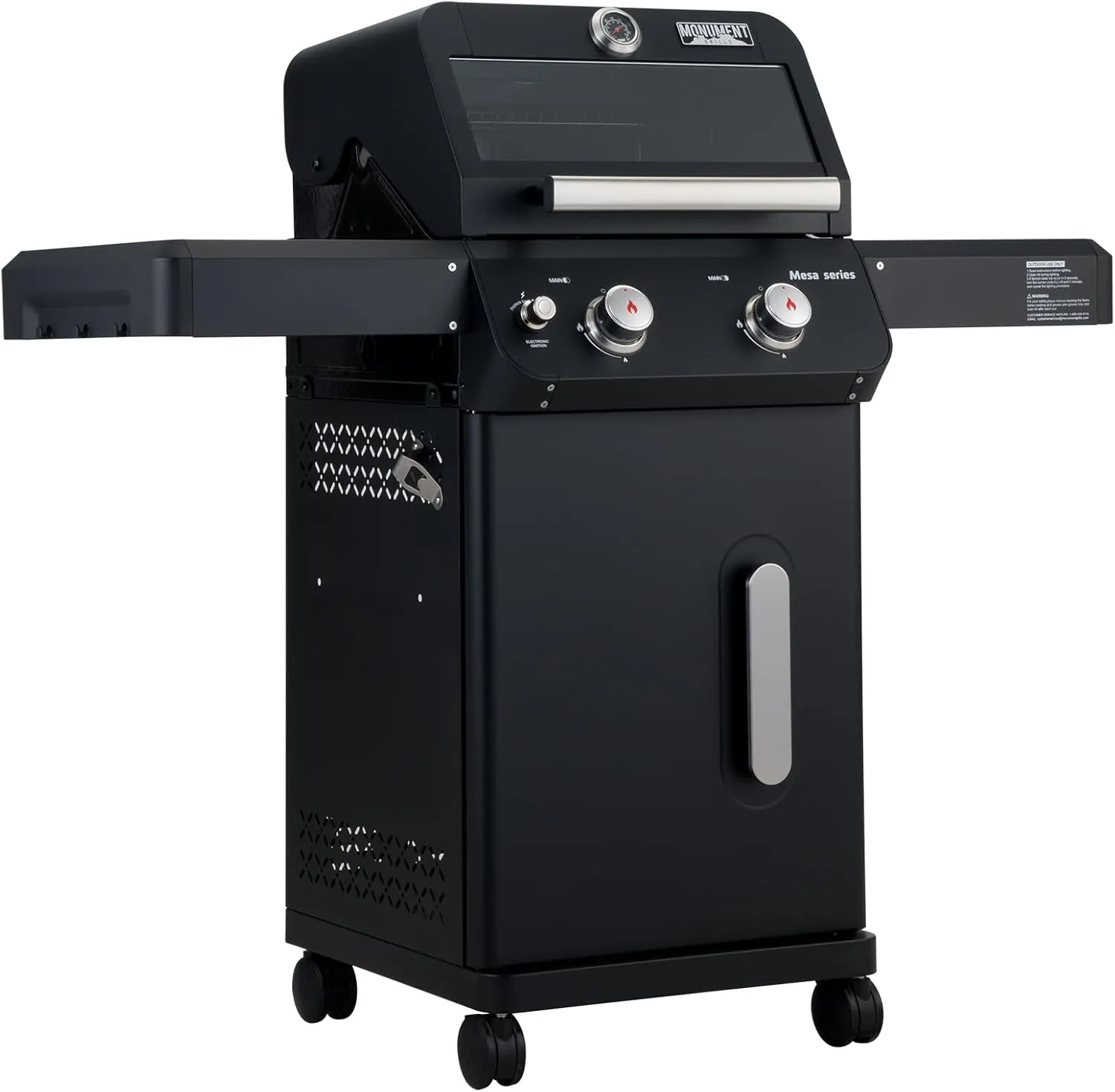 Monument Grills 2-Burner Stainless Steel Liquid Propane Gas Patio Garden Barbecue Grill with Clearview® Lid, Knob Control and Two Foldable Shelves Mesa220 with BBQ Cover