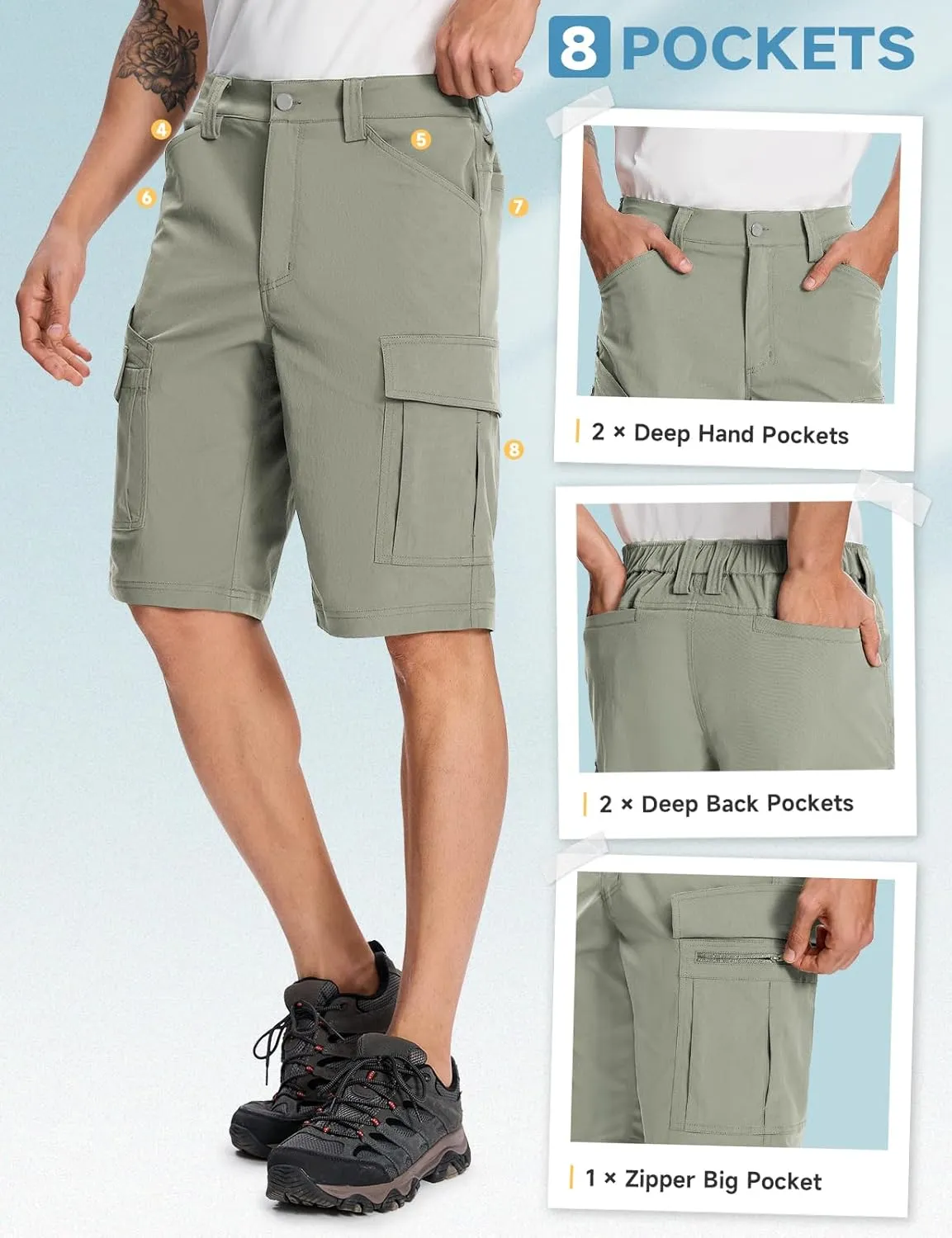 Moosehill Mens-Hiking-Shorts Cargo Lightweight Water Resistant Quick Dry Big & Tall with 8 Pockets for Tactical Work