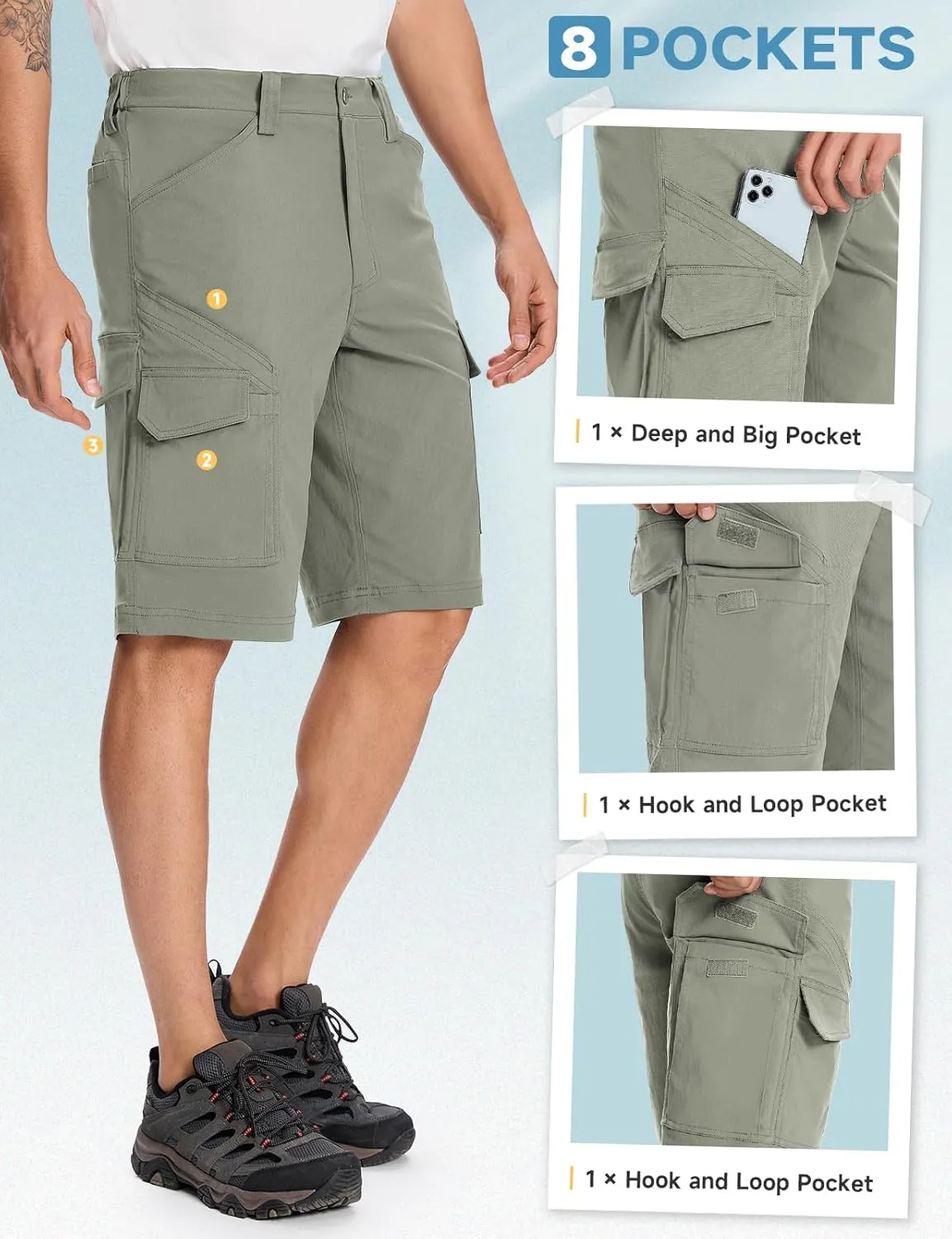 Moosehill Mens-Hiking-Shorts Cargo Lightweight Water Resistant Quick Dry Big & Tall with 8 Pockets for Tactical Work