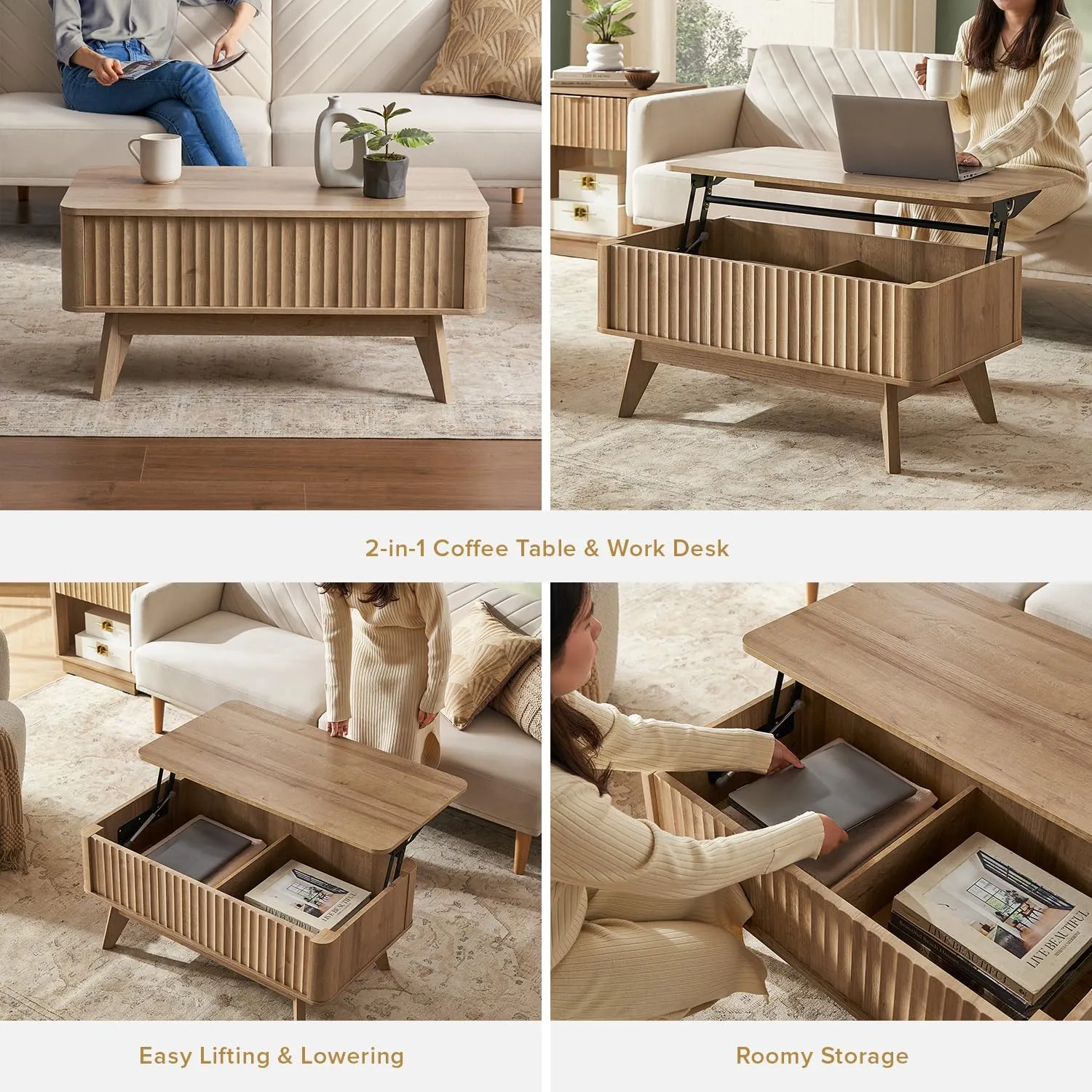 mopio Brooklyn Coffee Table, Lift Top Coffee Tables for Living Room, Mid Century, Modern Farmhouse Center Table with Lifting Top & Hidden Storage, Fluted Panel, Rising Pull Up (Oak Fluted)