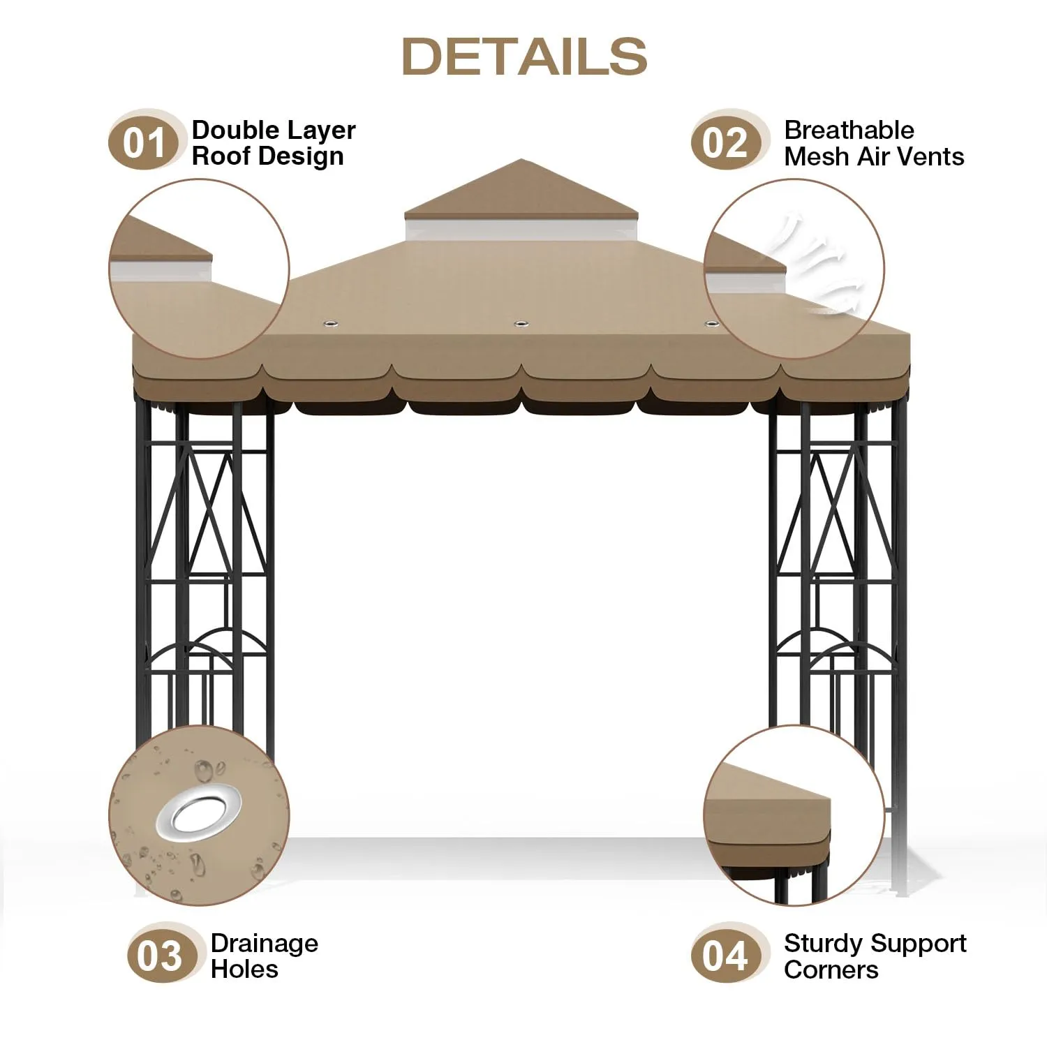 Morikoro 10x10 Canopy Replacement Top Canopy Cover Replacement 10x10 FT Double Tiered Gazebo Covers for Yard Patio Garden Canopy Sunshade (Coffee Liqueur Brown with lace)