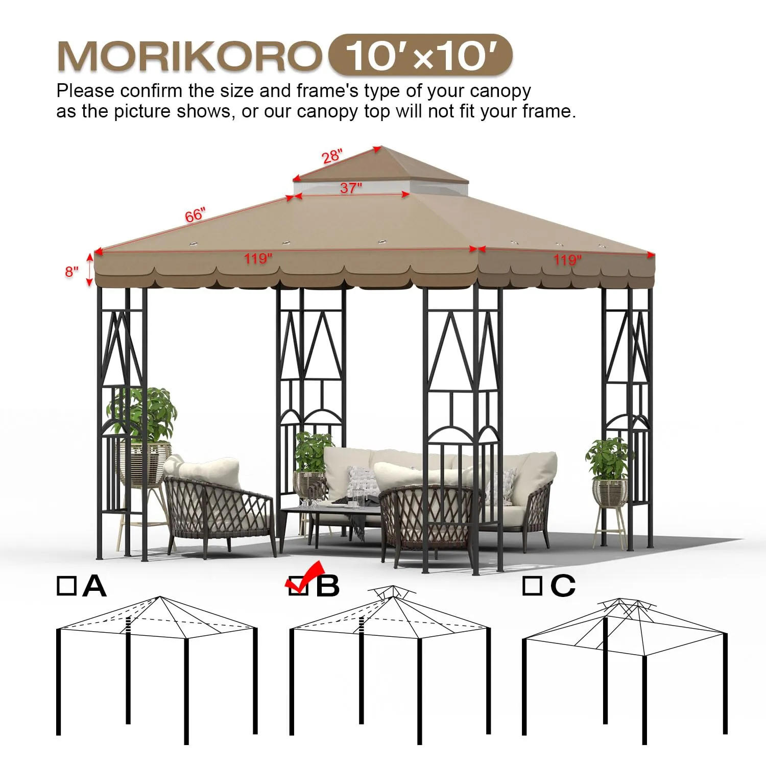 Morikoro 10x10 Canopy Replacement Top Canopy Cover Replacement 10x10 FT Double Tiered Gazebo Covers for Yard Patio Garden Canopy Sunshade (Coffee Liqueur Brown with lace)