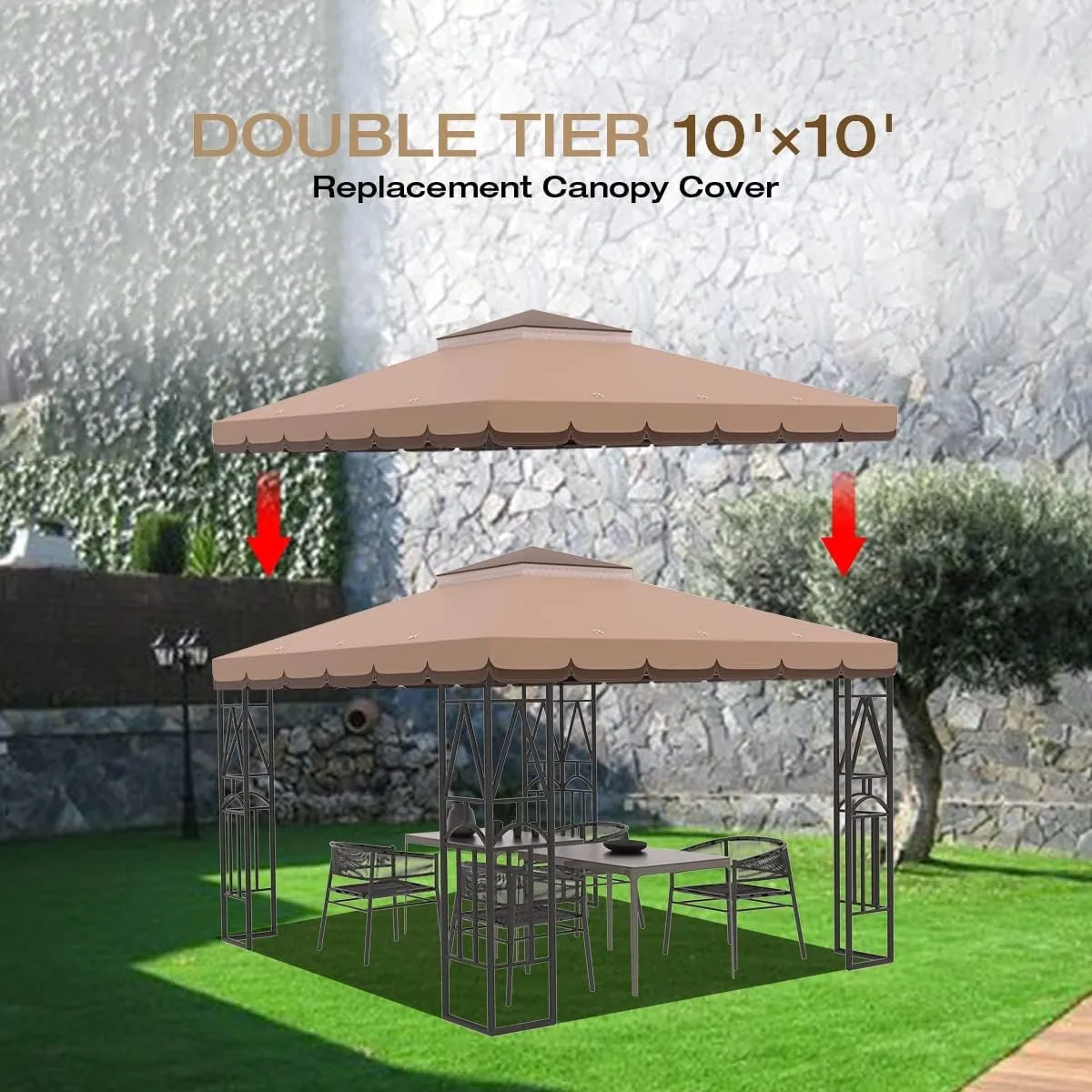 Morikoro 10x10 Canopy Replacement Top Canopy Cover Replacement 10x10 FT Double Tiered Gazebo Covers for Yard Patio Garden Canopy Sunshade (Coffee Liqueur Brown with lace)