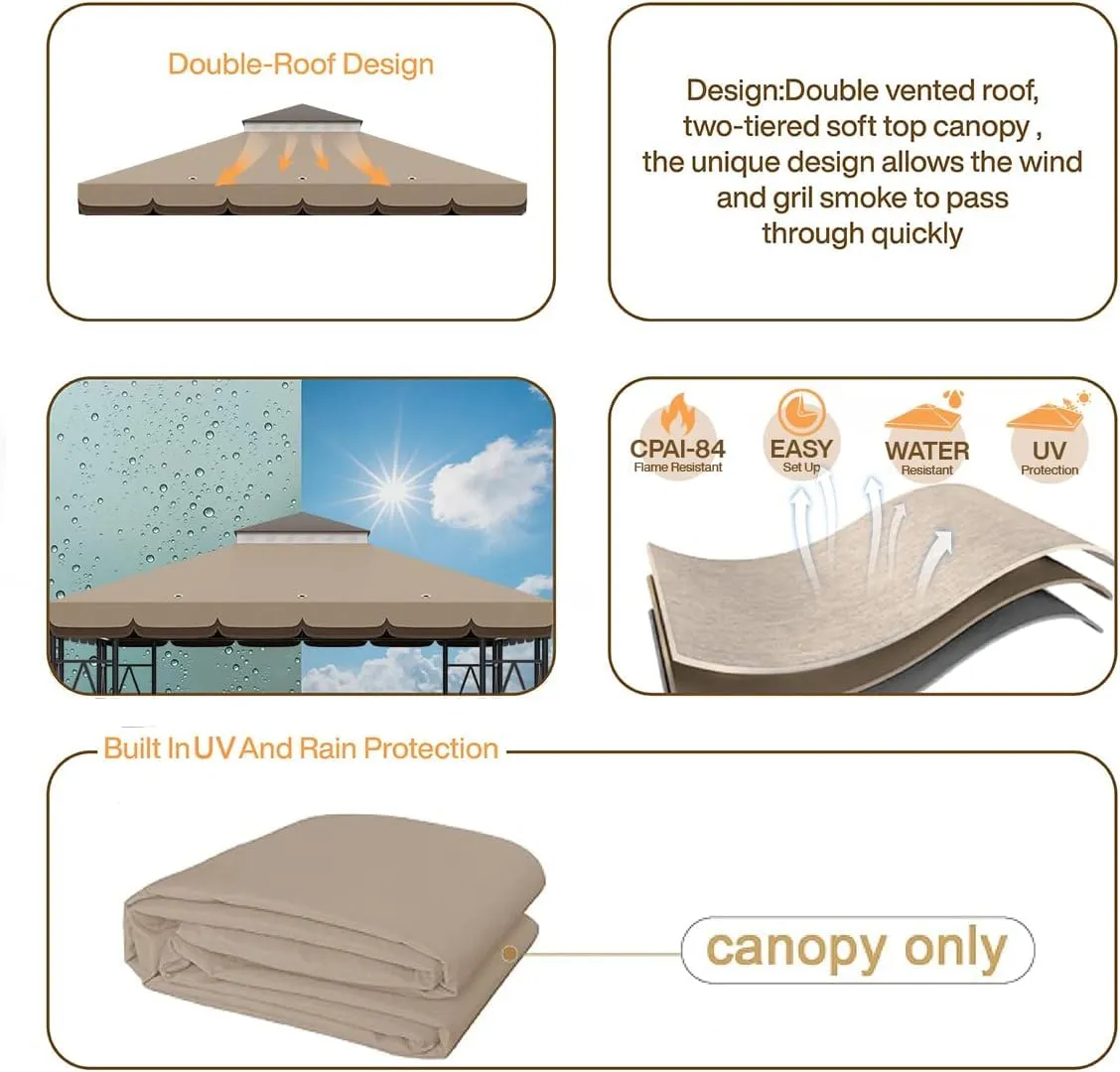 Morikoro 10x10 Canopy Replacement Top Canopy Cover Replacement 10x10 FT Double Tiered Gazebo Covers for Yard Patio Garden Canopy Sunshade (Coffee Liqueur Brown with lace)