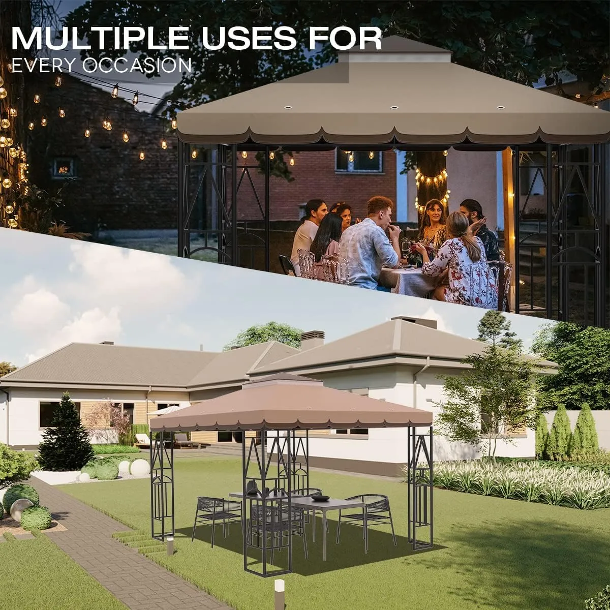 Morikoro 10x10 Canopy Replacement Top Canopy Cover Replacement 10x10 FT Double Tiered Gazebo Covers for Yard Patio Garden Canopy Sunshade (Coffee Liqueur Brown with lace)