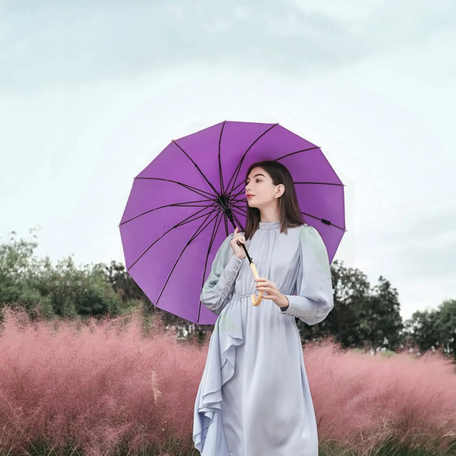 MRTLLOA 52 Inch Windproof Large Umbrellas for Rain, 16 Ribs, J Wooden Handle, 210T High-density Fabric Golf Stick Umbrella