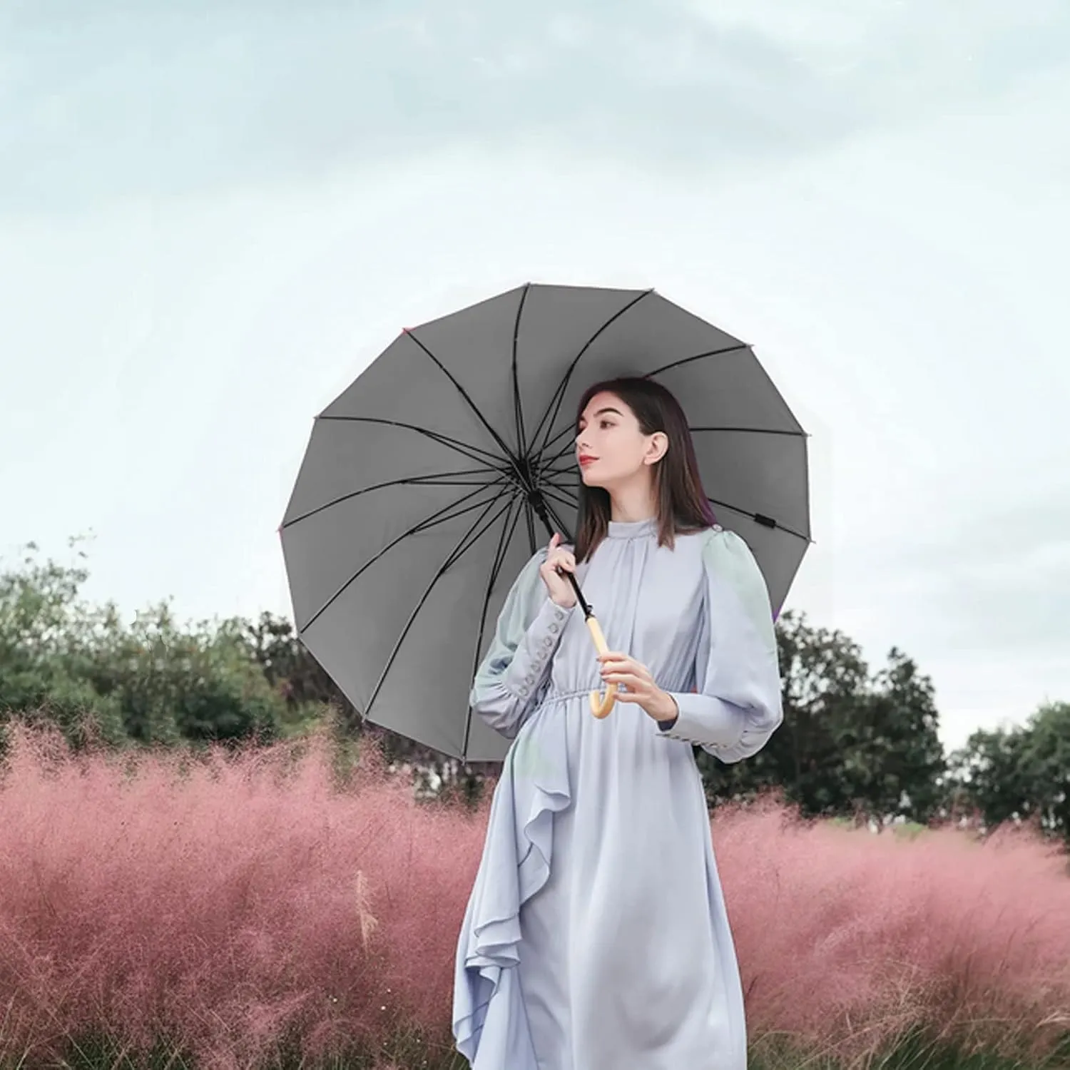 MRTLLOA 52 Inch Windproof Large Umbrellas for Rain, 16 Ribs, J Wooden Handle, 210T High-density Fabric Golf Stick Umbrella