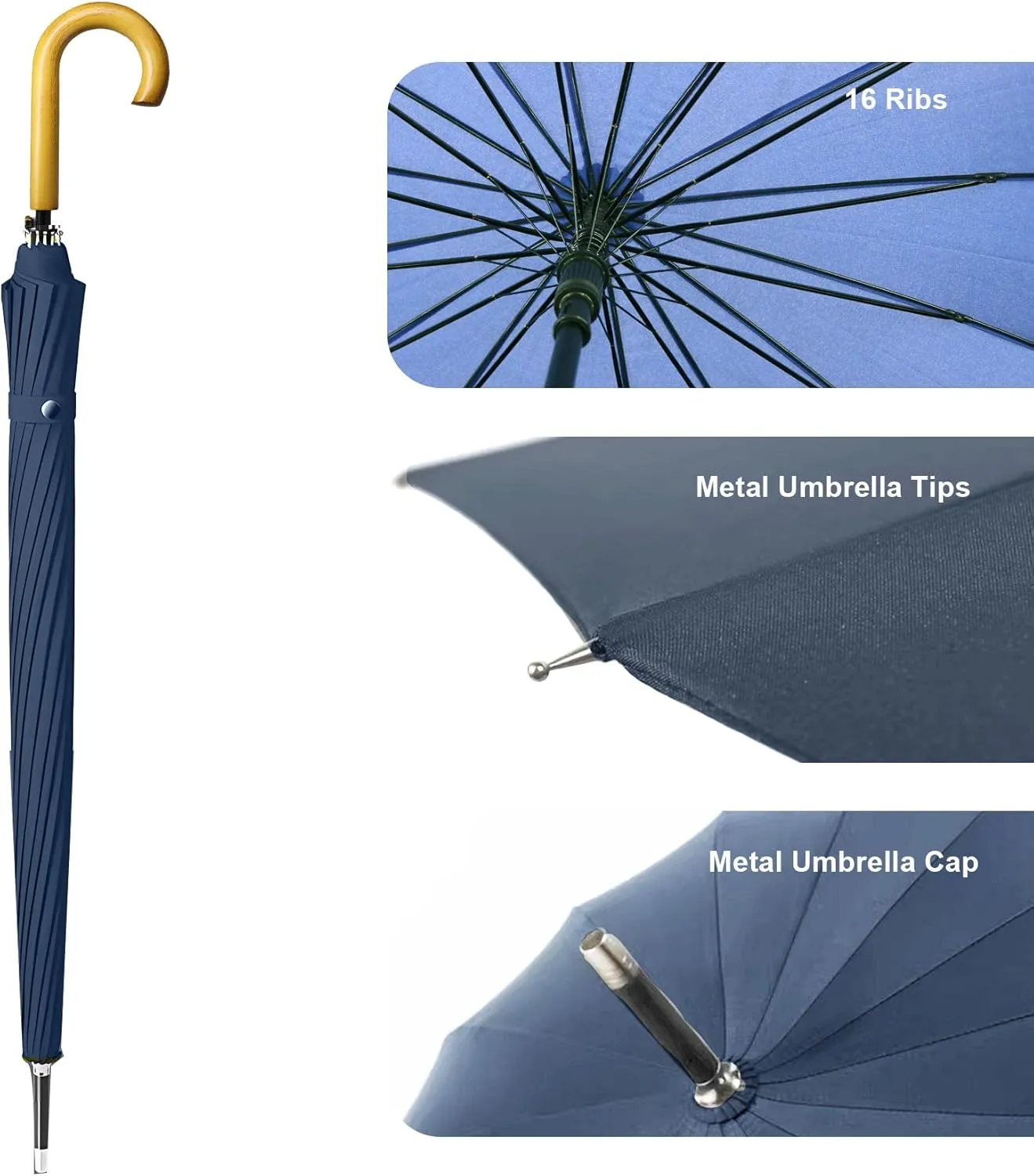 MRTLLOA 52 Inch Windproof Large Umbrellas for Rain, 16 Ribs, J Wooden Handle, 210T High-density Fabric Golf Stick Umbrella