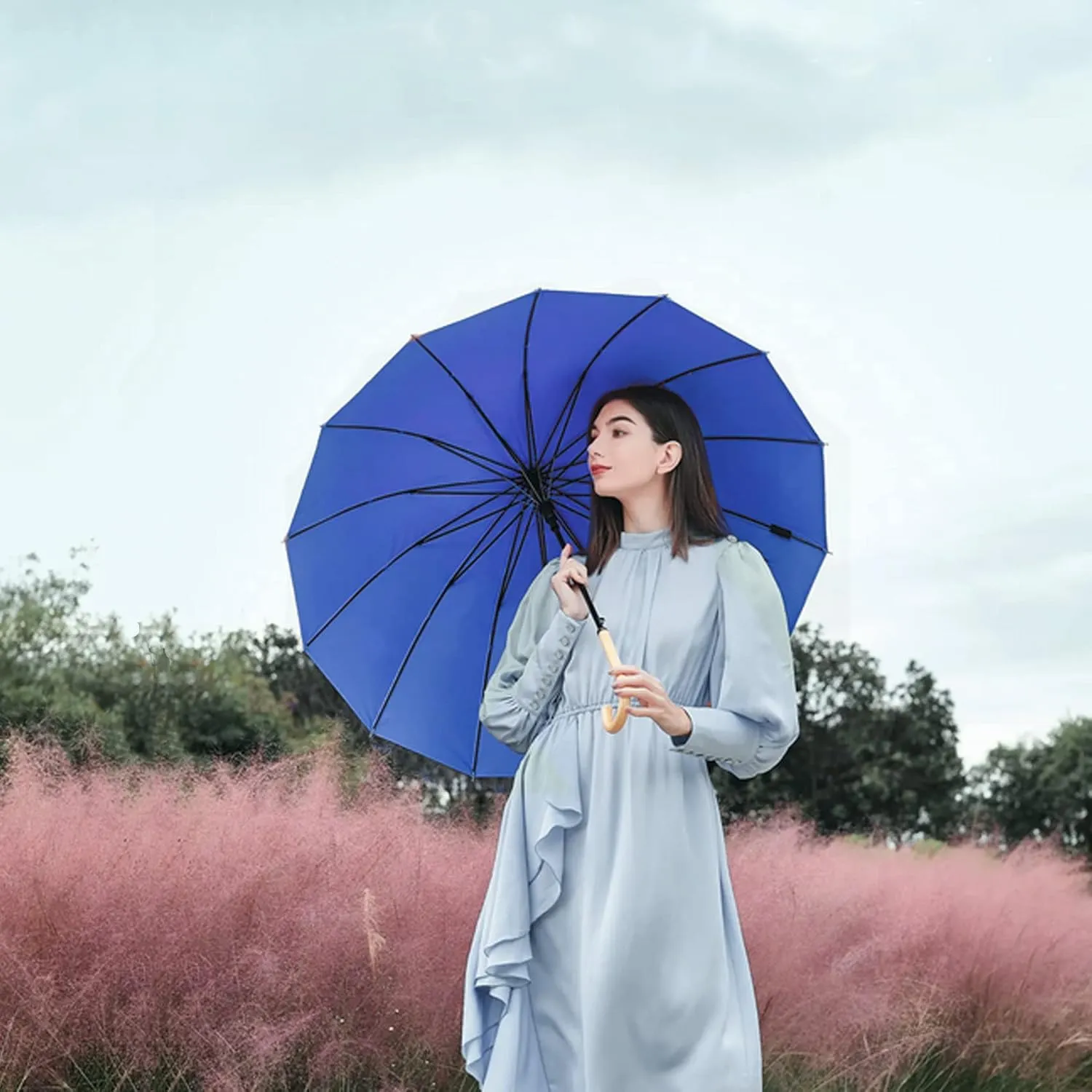 MRTLLOA 52 Inch Windproof Large Umbrellas for Rain, 16 Ribs, J Wooden Handle, 210T High-density Fabric Golf Stick Umbrella