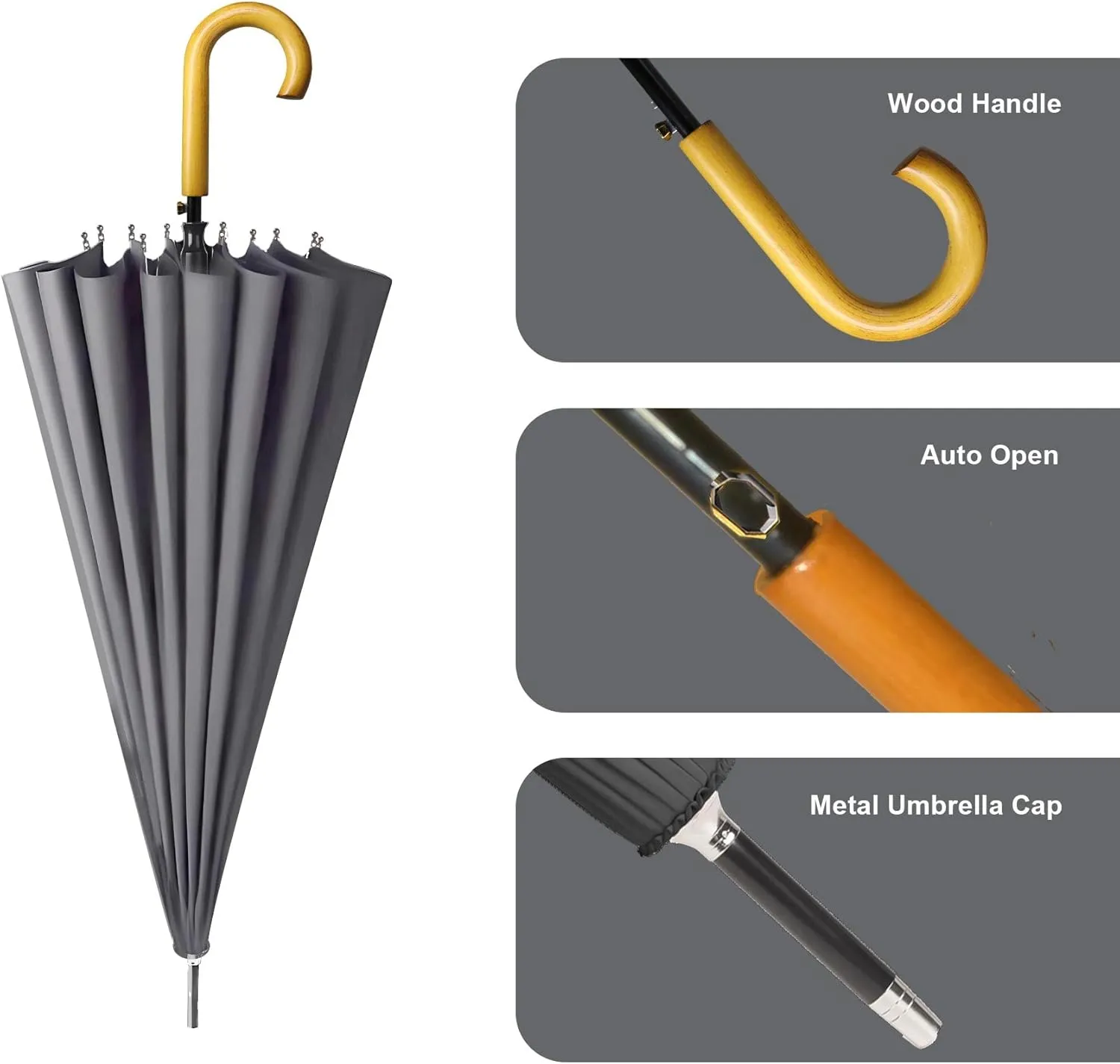 MRTLLOA 52 Inch Windproof Large Umbrellas for Rain, 16 Ribs, J Wooden Handle, 210T High-density Fabric Golf Stick Umbrella