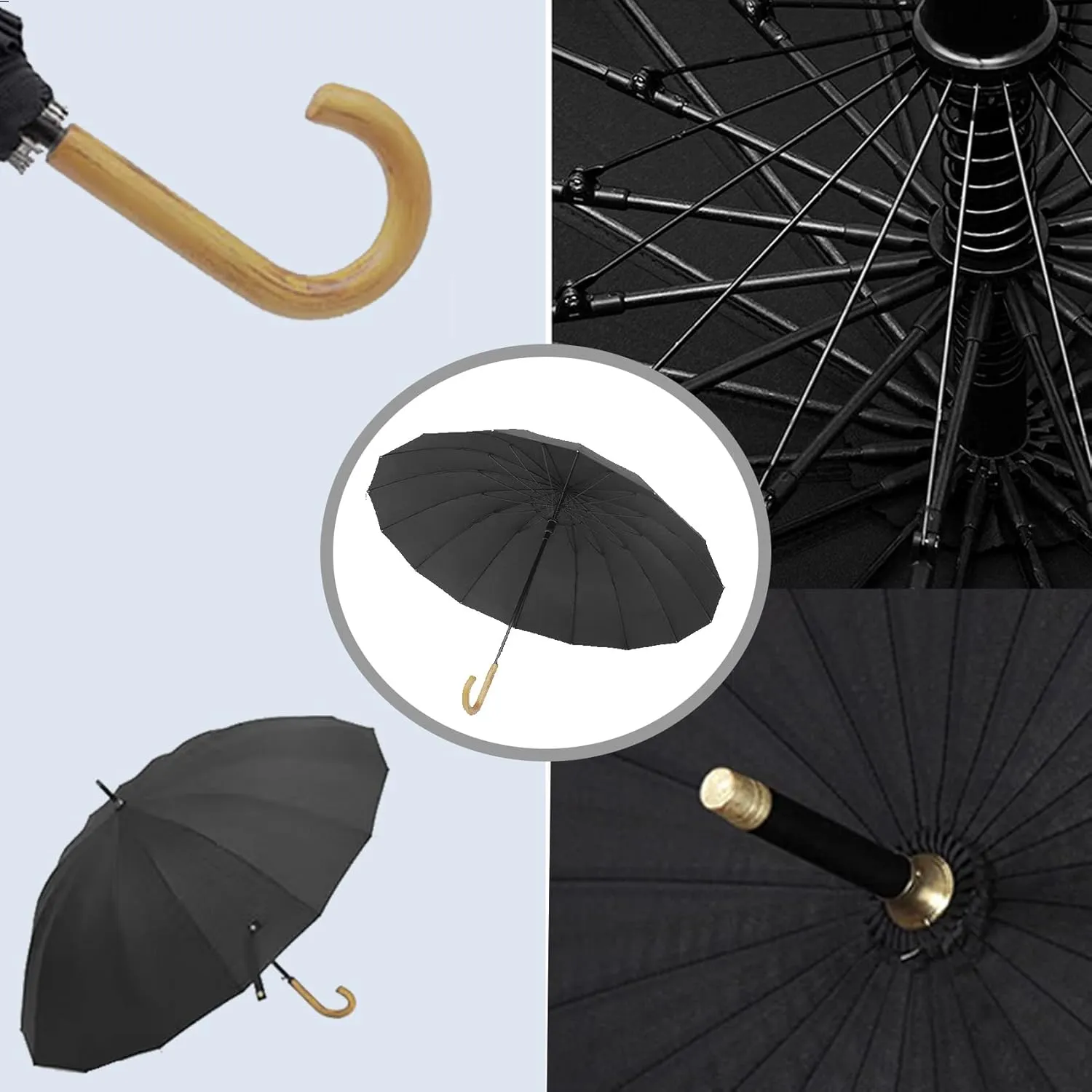 MRTLLOA 52 Inch Windproof Large Umbrellas for Rain, 16 Ribs, J Wooden Handle, 210T High-density Fabric Golf Stick Umbrella