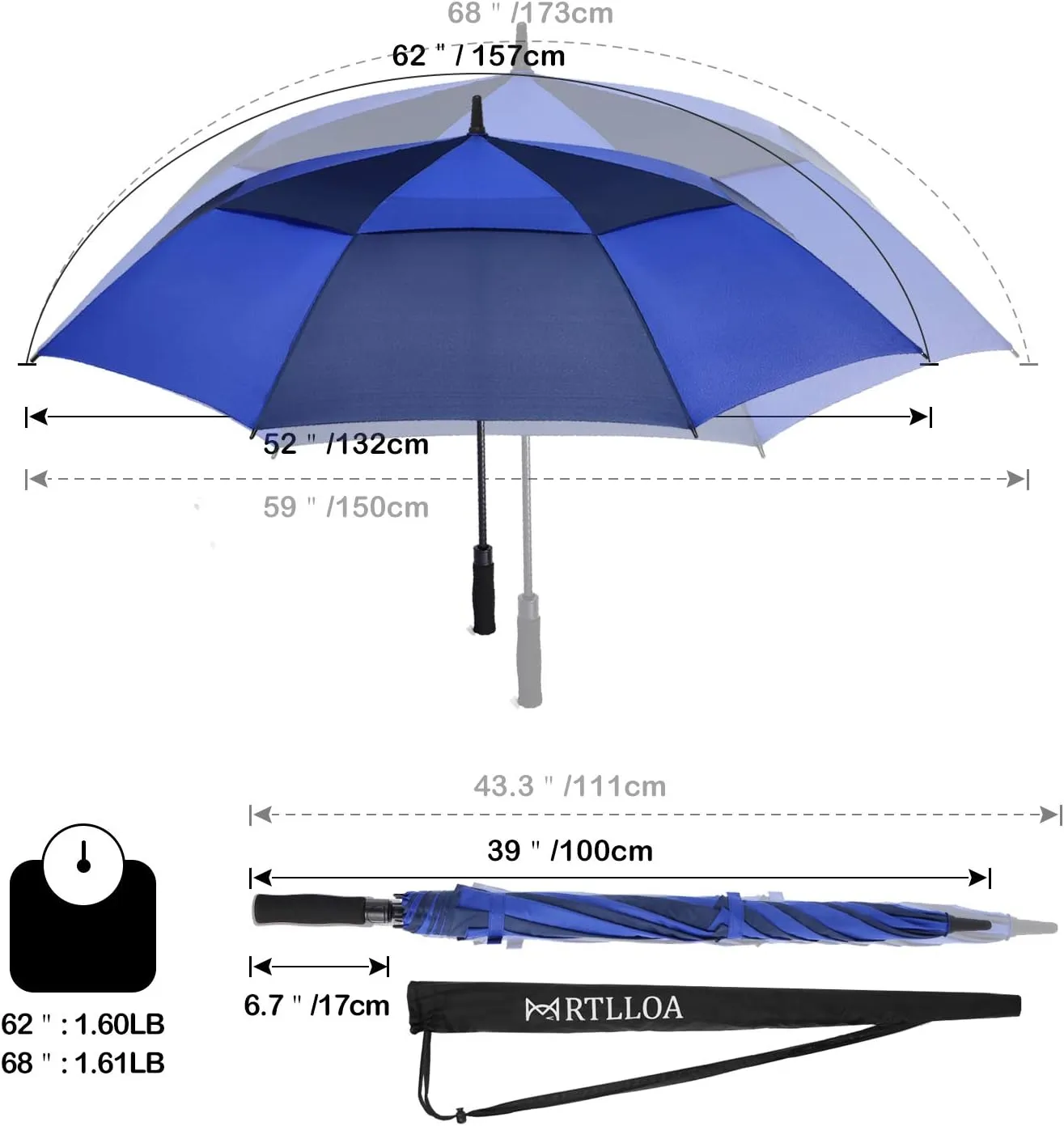 MRTLLOA 54/62/68/72 Inch Automatic Open Golf Umbrella, Extra Large Oversize Double Canopy Vented Windproof Waterproof Stick Umbrellas for Rain