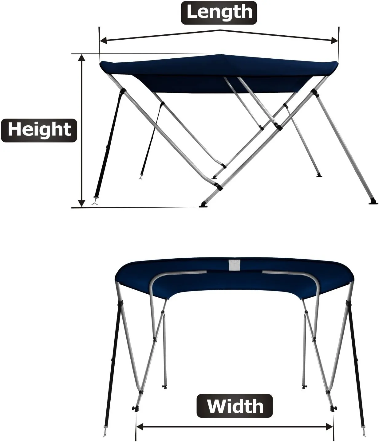 MSC 3 Bow 4 Bow Bimini Top Boat Cover,600D Solution Dyed Polyester,2 Support Poles& 4 Adjustable Straps Included