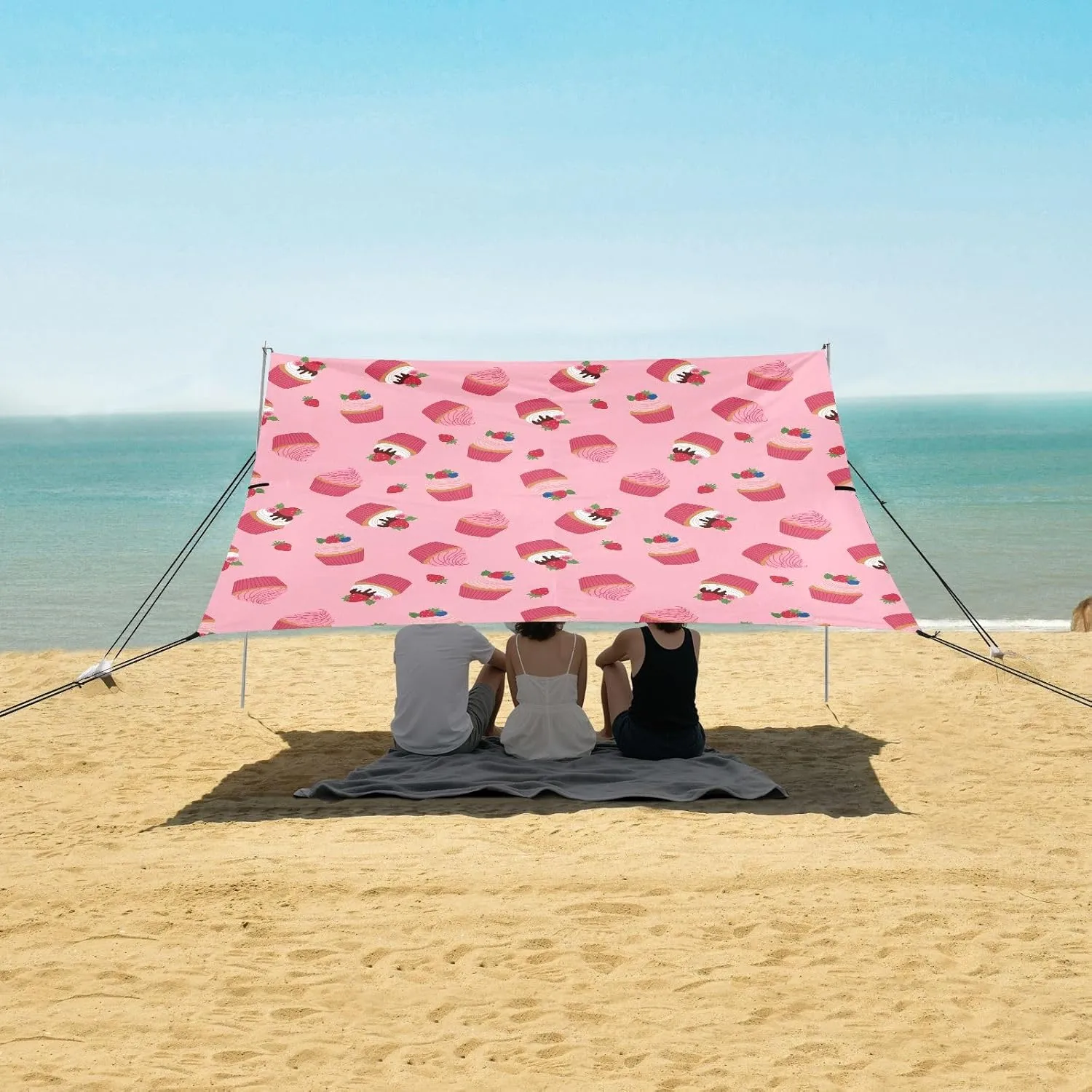 Muffins with Strawberries Beach Camping Tent Sun Shelter for Whole Family, Beach Shade Canopy with UPF50  UV Protection,Easy Set Up and Carry,Outdoor Shade for Trips, Fishing, Backyard Fun Picn