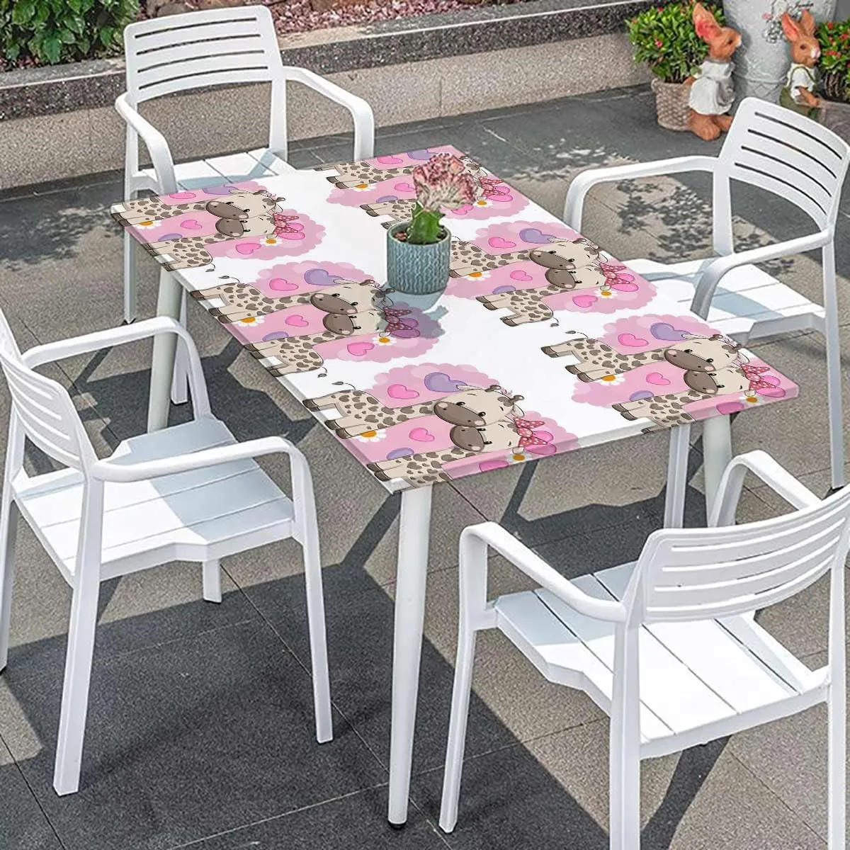 Multicolor Elastic Tablecloth for Indoors Outdoors Cartoon Romantic Couple Giraffes Tablecloth Fitted Table Cloth Rectangle Table Animal Fits up 5 Foot Tables