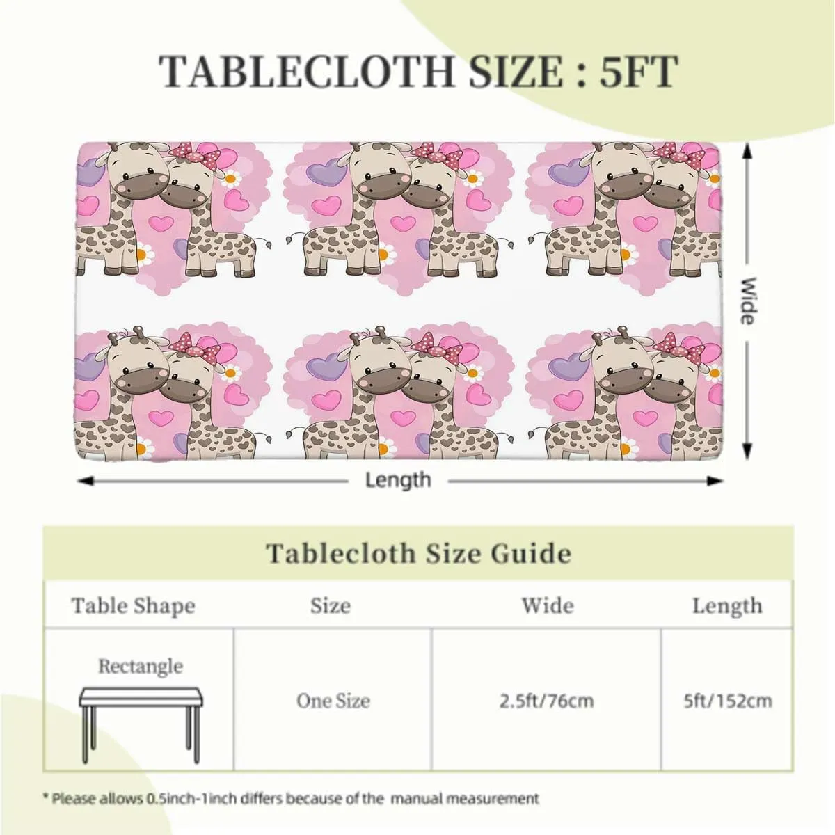 Multicolor Elastic Tablecloth for Indoors Outdoors Cartoon Romantic Couple Giraffes Tablecloth Fitted Table Cloth Rectangle Table Animal Fits up 5 Foot Tables