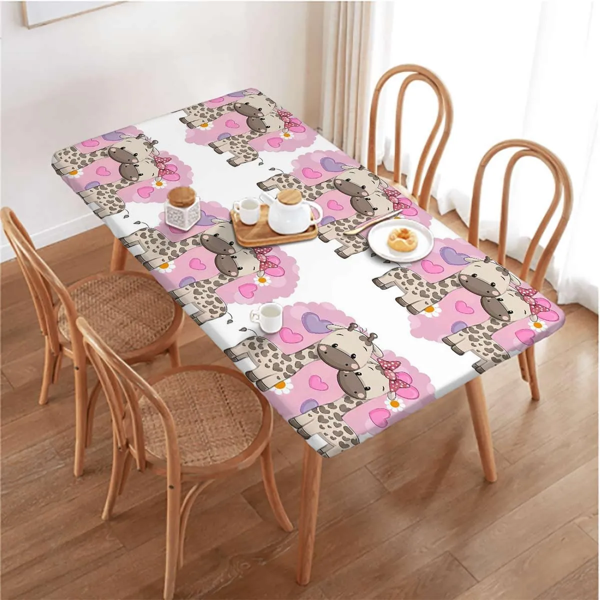 Multicolor Elastic Tablecloth for Indoors Outdoors Cartoon Romantic Couple Giraffes Tablecloth Fitted Table Cloth Rectangle Table Animal Fits up 5 Foot Tables