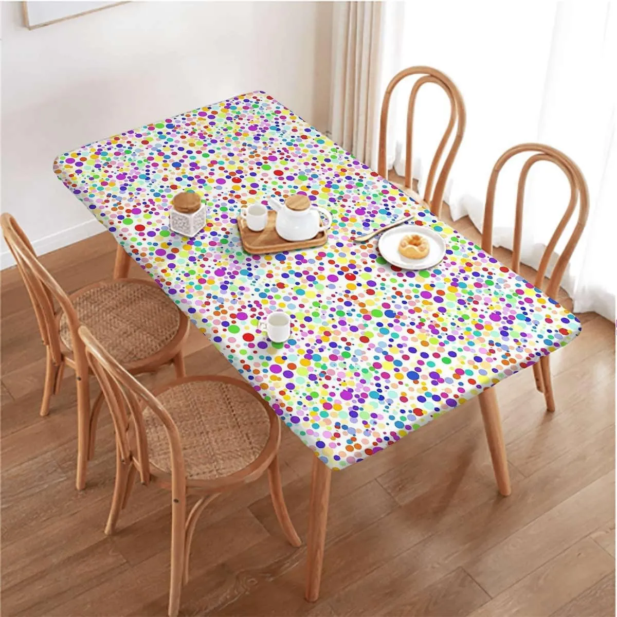 Multicolor Elastic Tablecloth Modern Circular Shaped Buttons Rectangle Table Cover for Outdoor Picnic Camping Parties Abstract Fits up 4 Foot Tables