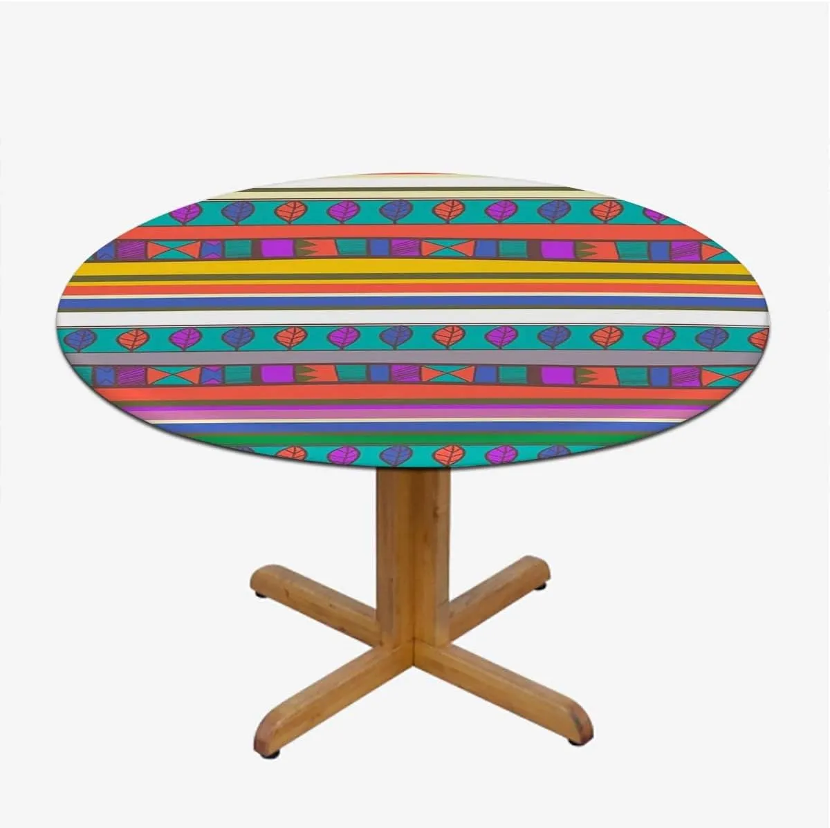 Multicolor Round Fitted Tablecloth with Elastic Edge Horizontal Striped Pattern Gradient Artistic Funky Soft-Touch Fitted Table Cloth, Waterproof Oil-Proof Table Cover Fits up 45"-50" Diameter