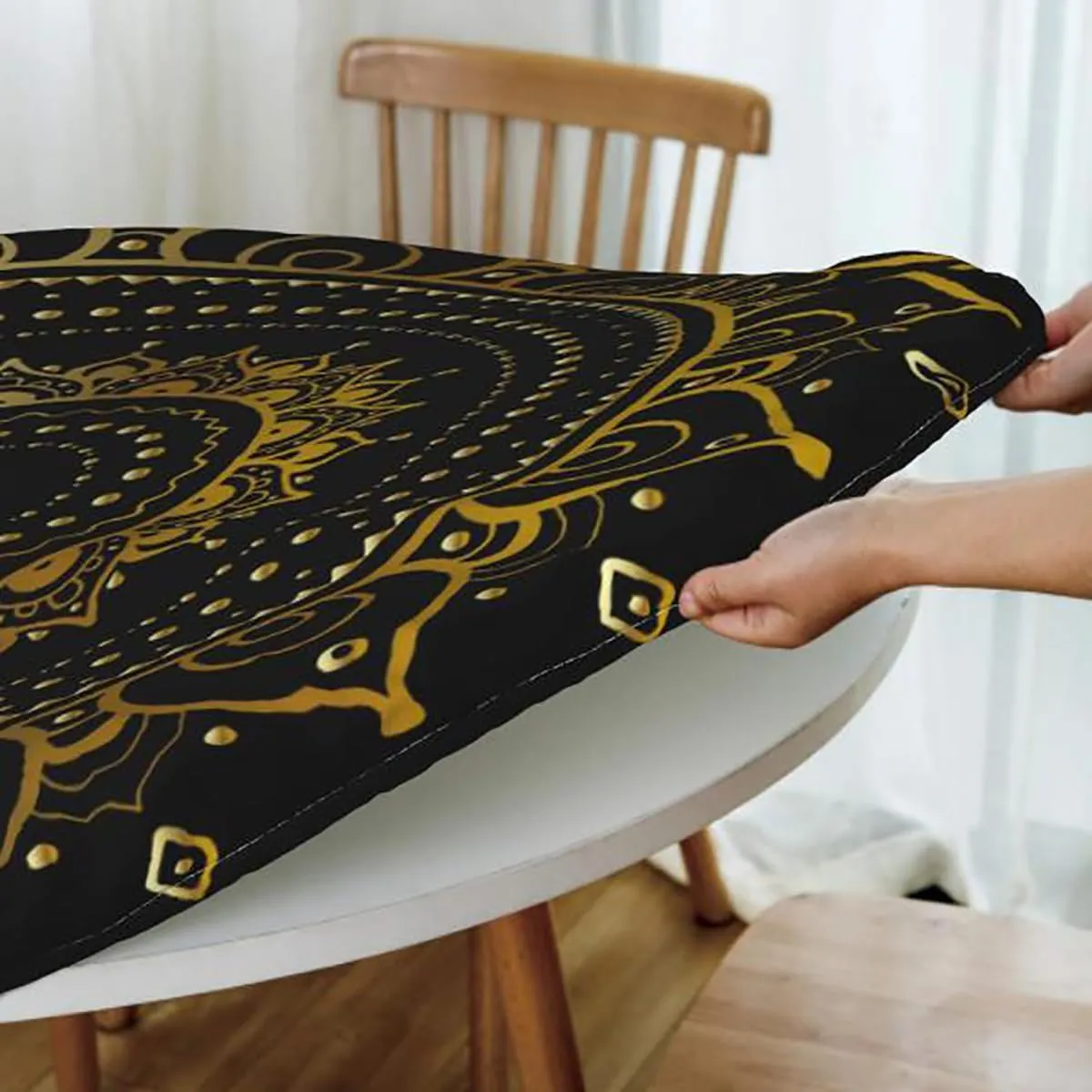 Multicolor Round Fitted Tablecloth with Elastic Edge Horizontal Striped Pattern Gradient Artistic Funky Soft-Touch Fitted Table Cloth, Waterproof Oil-Proof Table Cover Fits up 45"-50" Diameter