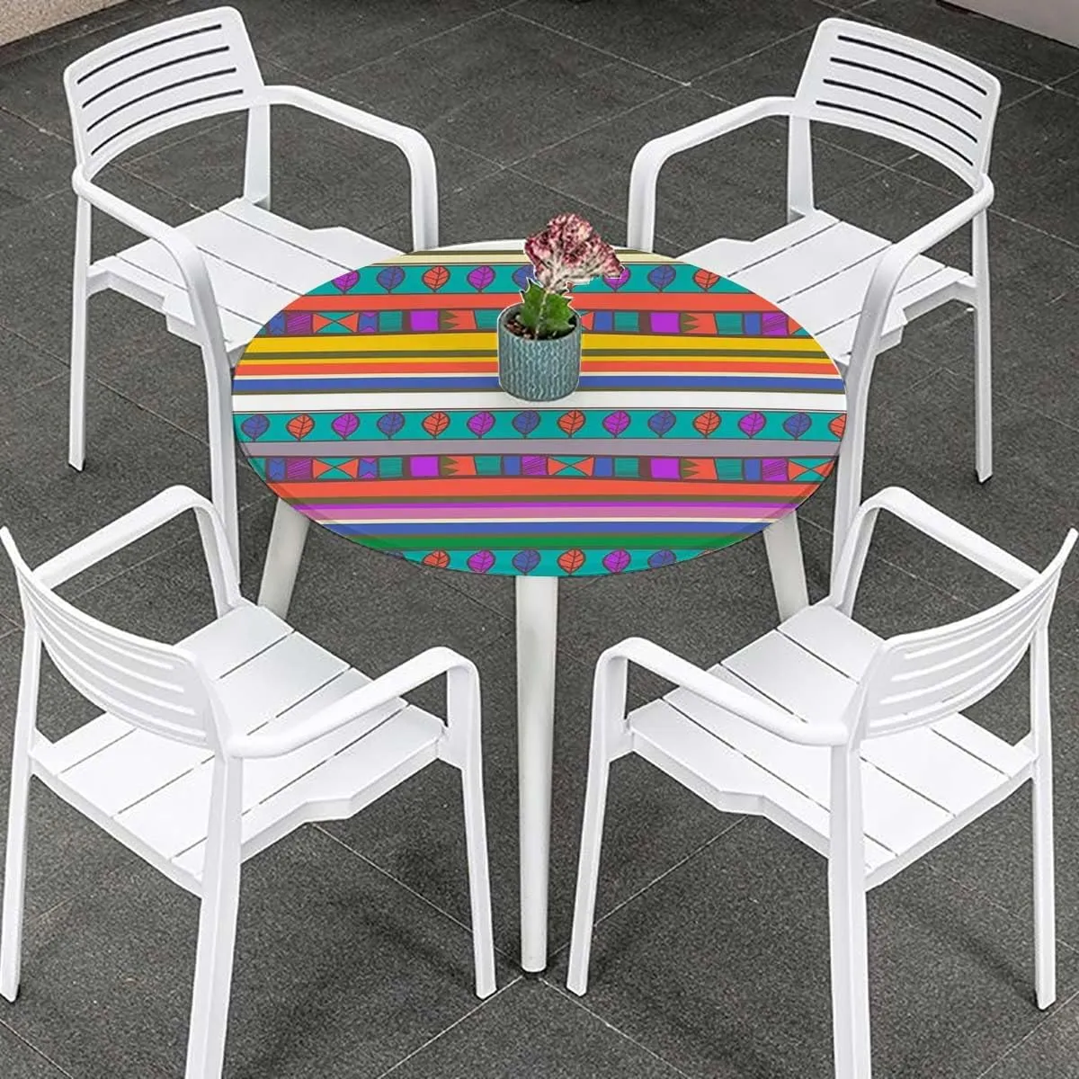 Multicolor Round Fitted Tablecloth with Elastic Edge Horizontal Striped Pattern Gradient Artistic Funky Soft-Touch Fitted Table Cloth, Waterproof Oil-Proof Table Cover Fits up 45"-50" Diameter