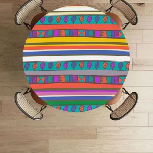 Multicolor Round Fitted Tablecloth with Elastic Edge Horizontal Striped Pattern Gradient Artistic Funky Soft-Touch Fitted Table Cloth, Waterproof Oil-Proof Table Cover Fits up 45"-50" Diameter