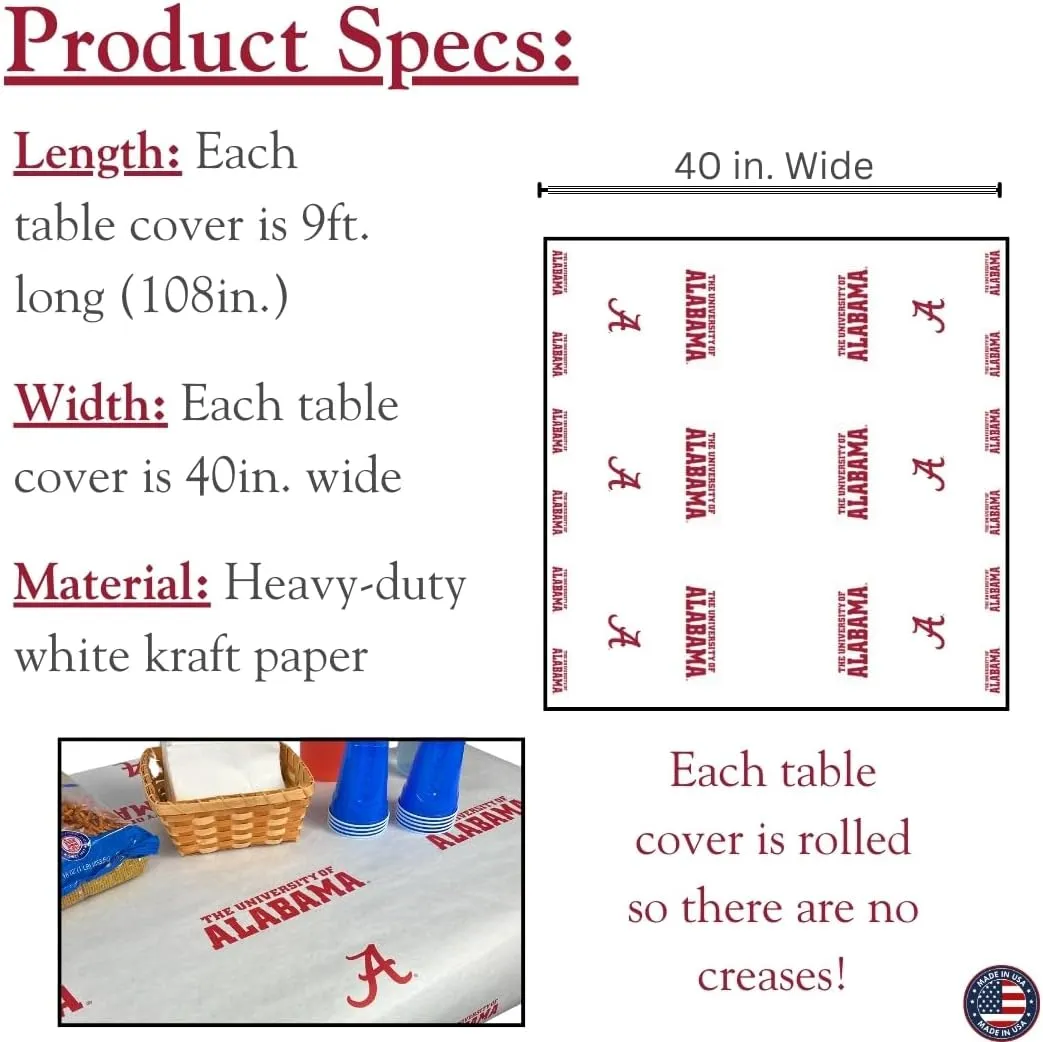 N. F. String & Son, Inc. NCAA University of Alabama Paper Table Covers, Value Pack, 4 Table Covers, 40in. Wide x 9ft. Long, White Kraft Paper (Alabama Crimson)