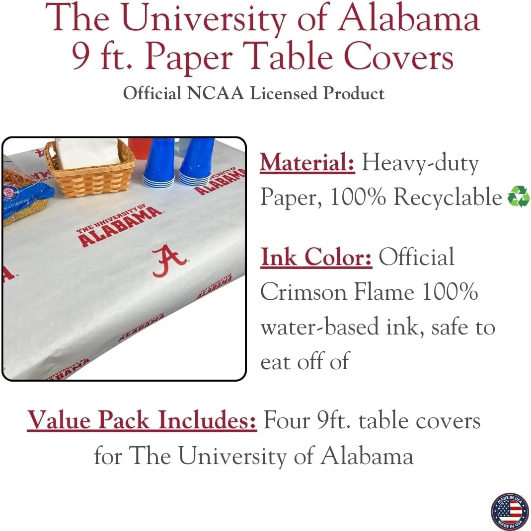 N. F. String & Son, Inc. NCAA University of Alabama Paper Table Covers, Value Pack, 4 Table Covers, 40in. Wide x 9ft. Long, White Kraft Paper (Alabama Crimson)