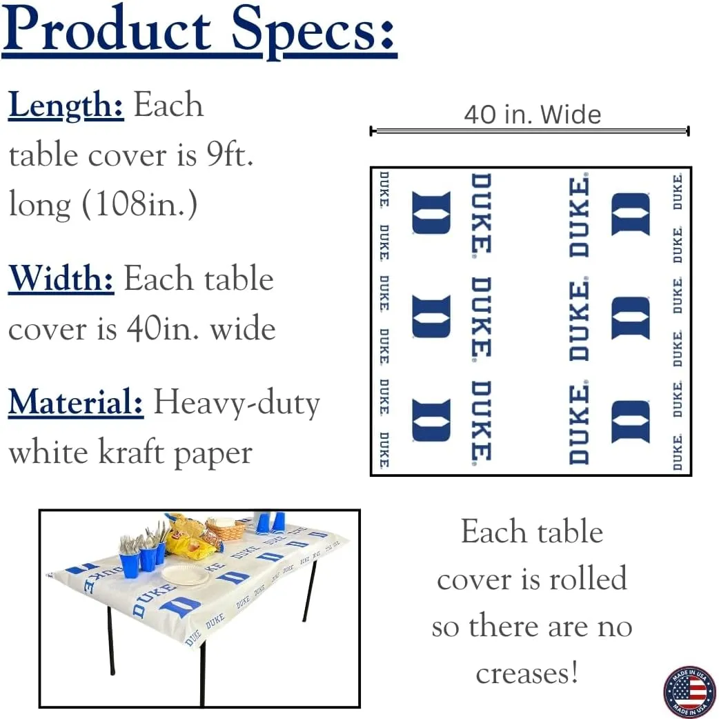 N. F. String & Son NCAA Duke University Table Covers, Value Pack, 4 Table Covers, 40in. Wide x 9ft. Long, White Kraft Paper (Duke Blue)