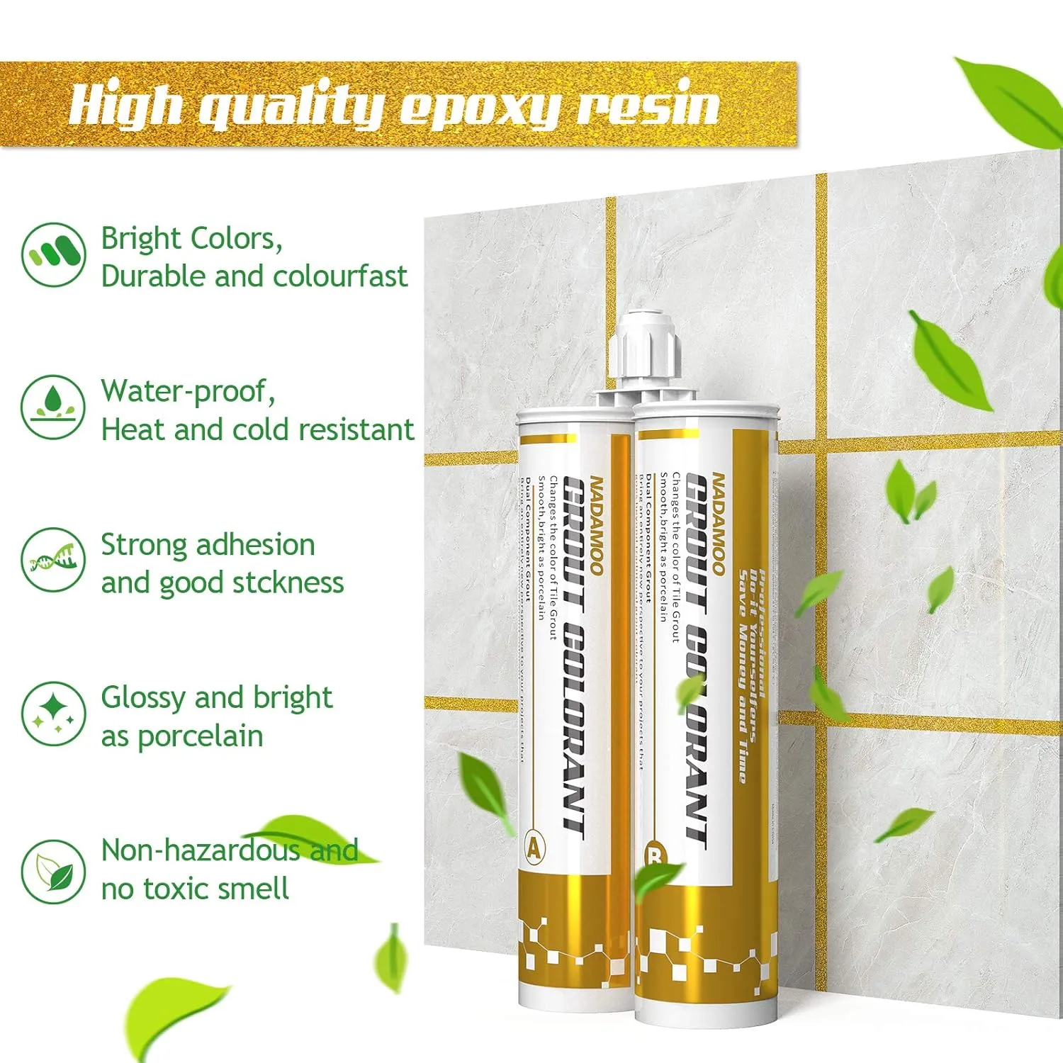 NADAMOO Epoxy Grout Glittering Gold, Dual Tubes Waterproof Tile Grout 19oz 400ml, Restore Tile Grout Line for Shower Bathroom Wet Room Kitchen, Caulk Gun NOT Included