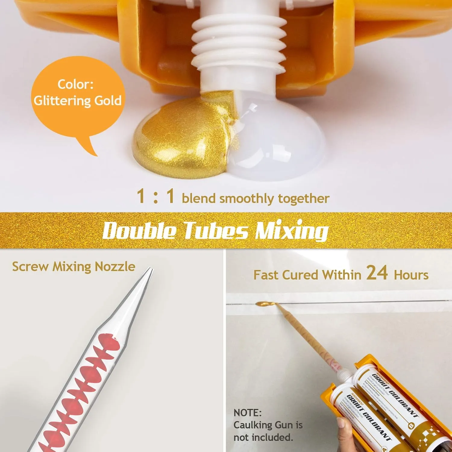 NADAMOO Epoxy Grout Glittering Gold, Dual Tubes Waterproof Tile Grout 19oz 400ml, Restore Tile Grout Line for Shower Bathroom Wet Room Kitchen, Caulk Gun NOT Included