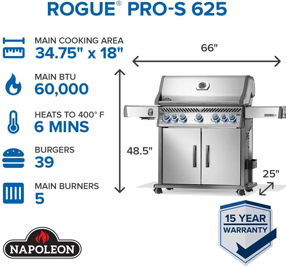 Napoleon Rogue PRO-S 625 Natural Gas Grill with Infrared Side and Rear Burners, Stainless Steel, Durable 7-Burner Outdoor BBQ