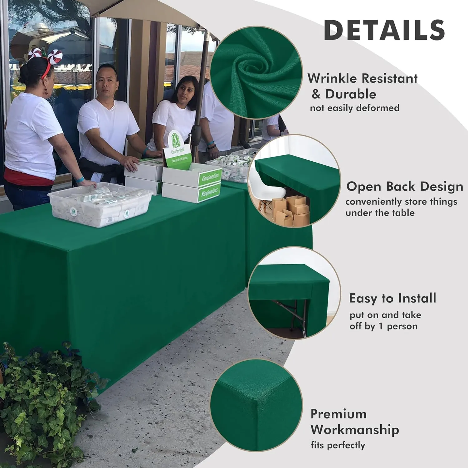 Nasitos 2 Pack Green 6ft Table Cloth Fitted-Open Back Folding Table Cover Washable Fabric and Wrinkle Resistant Table Cloth for Trade Show, Book Fair, Career Fair, Convention, Events
