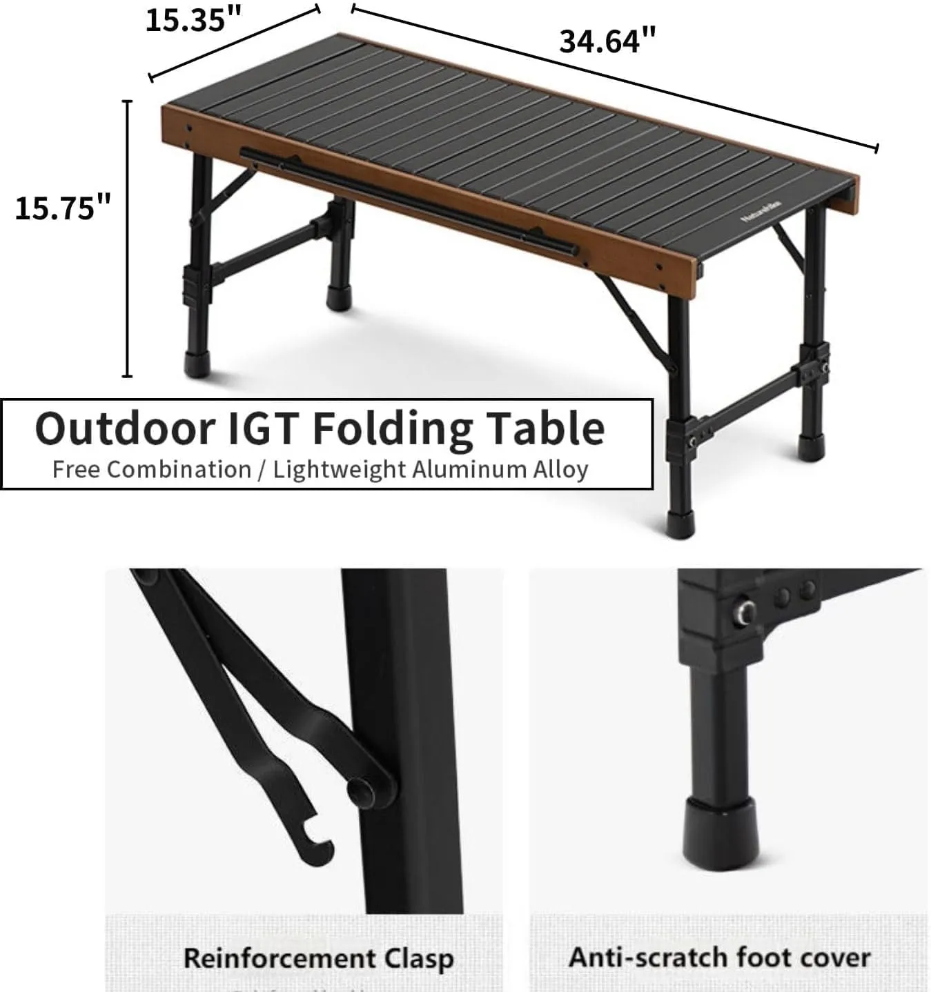 Naturehike IGT Camping Table, Fold up Lightweight, Aluminum Alloy Wood, 4-6 Person Portable Table with Carry Bag for Outdoor, Folding Square Table, Picnic Backyards BBQ Camp Kitchen