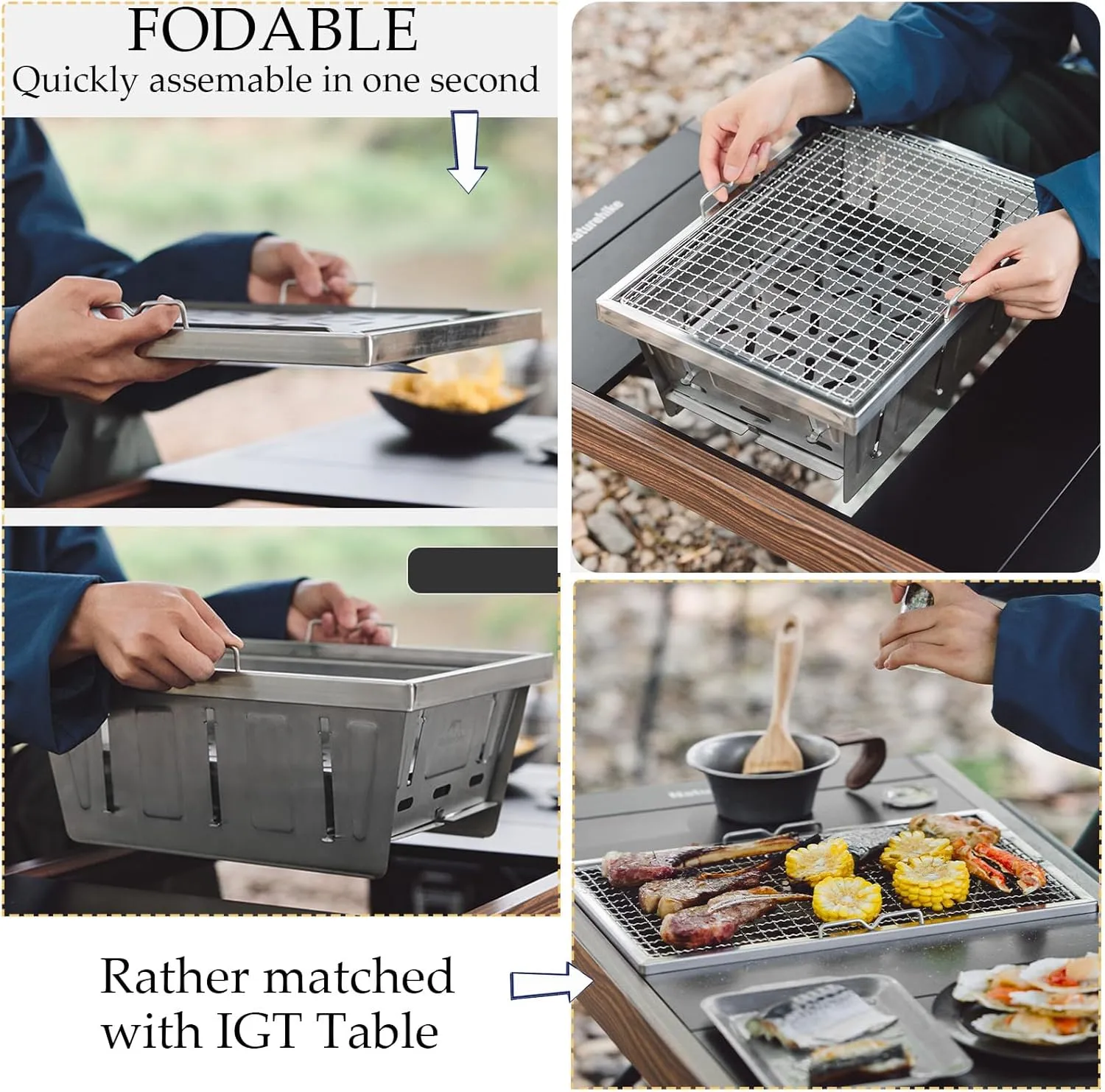 Naturehike Stainless Steel Camping Portable Grill, Folding Portable BBQ Charcoal Grill-Available with IGT Table, Compact Smoker Grill for Backyard Party,Picnic,Outdoor Cooking (Charcoal Grill-Large)