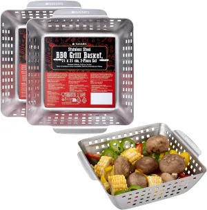 Navaris Stainless Steel BBQ Grill Basket - 8.3"x8.3" (21x21cm) BBQ Grill Pan with Heavy-Duty Design & Perfect Heat Distribution - Easy to Use & Clean for Any Griller - 2-Piece Set