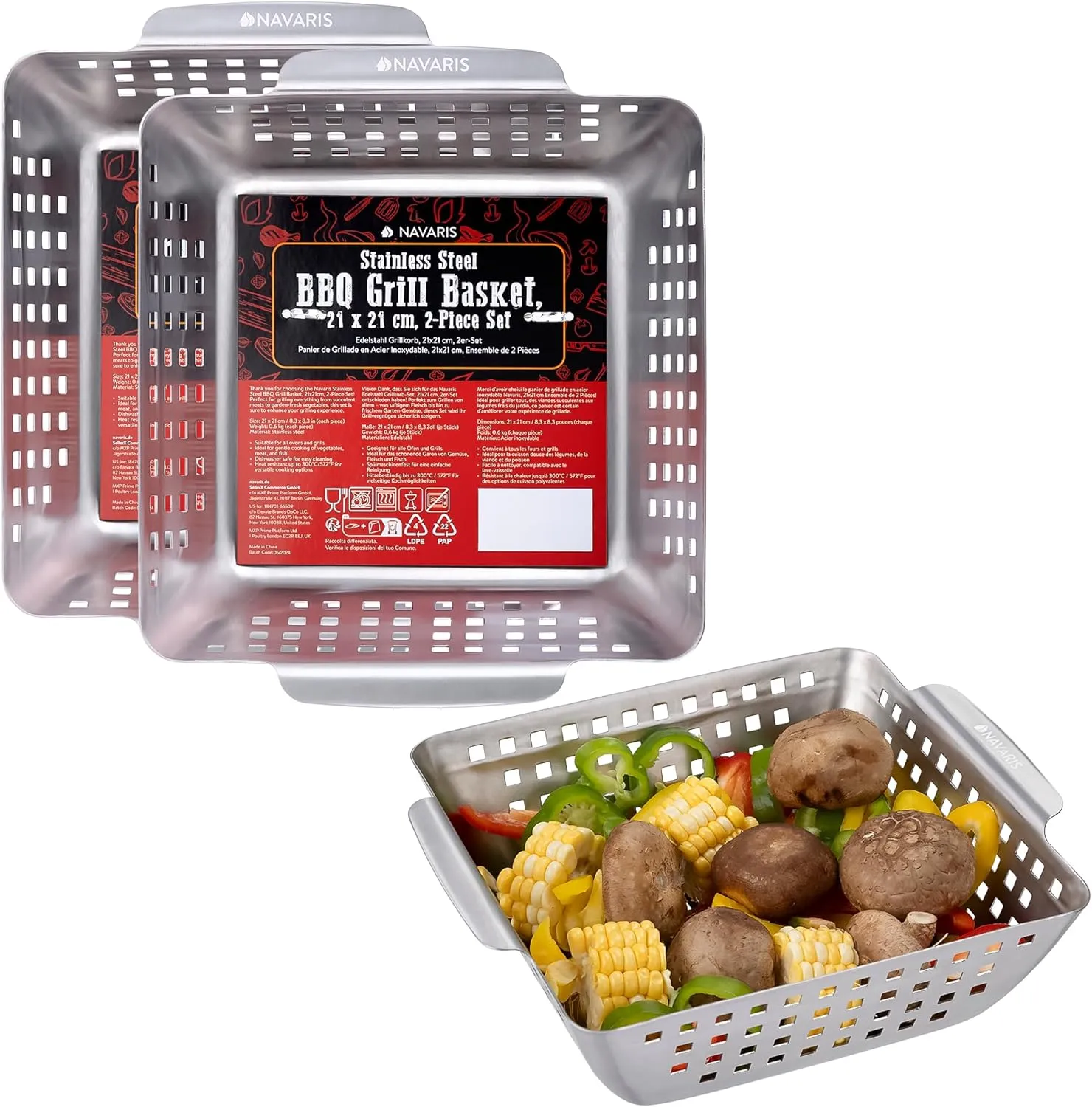 Navaris Stainless Steel BBQ Grill Basket - 8.3"x8.3" (21x21cm) BBQ Grill Pan with Heavy-Duty Design & Perfect Heat Distribution - Easy to Use & Clean for Any Griller - 2-Piece Set