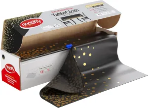 Neatiffy 54 in x 100 Ft - Disposable Plastic Table Cloth Roll with Slide Cutter | Waterproof Cover for Rectangle, Square, Oval Tables | Picnic, Party, Banquet, Birthdays, Weddings - Black Golden Dot