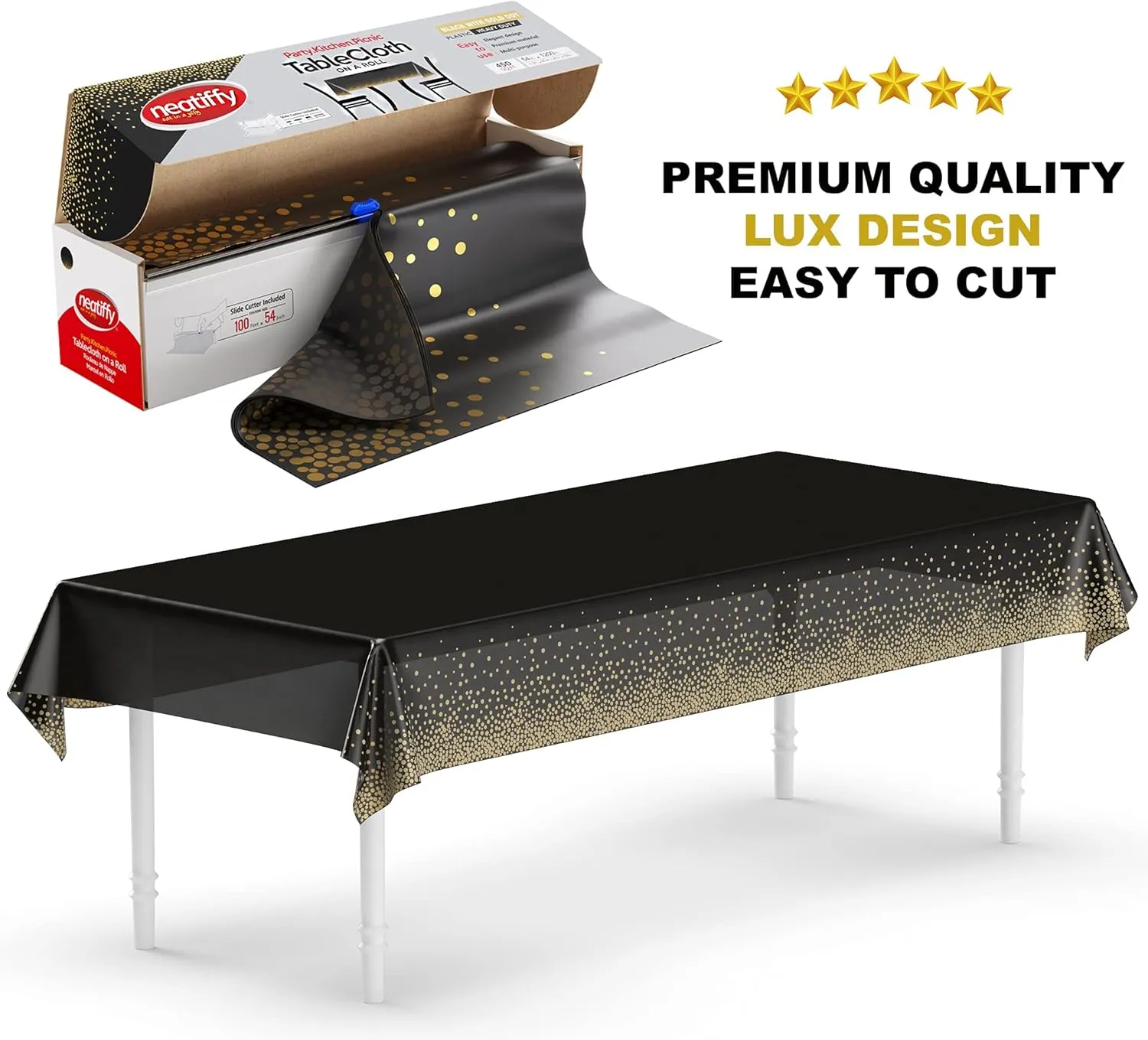 Neatiffy 54 in x 100 Ft - Disposable Plastic Table Cloth Roll with Slide Cutter | Waterproof Cover for Rectangle, Square, Oval Tables | Picnic, Party, Banquet, Birthdays, Weddings - Black Golden Dot