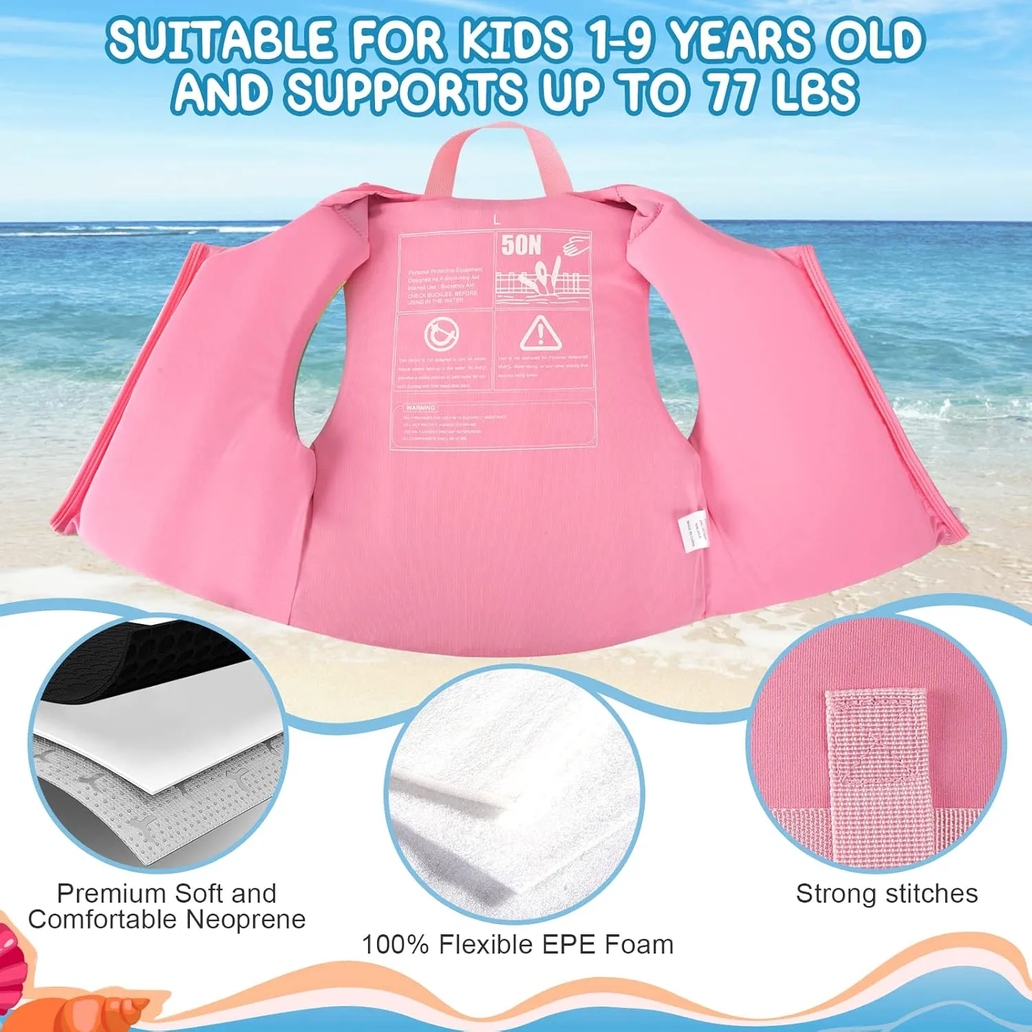 Neoprene Toddler Swim Vest for Children, Kids Swim Jacket Toddler Floaties Swimming Aid for 1-9 Years Old Boys and Girls