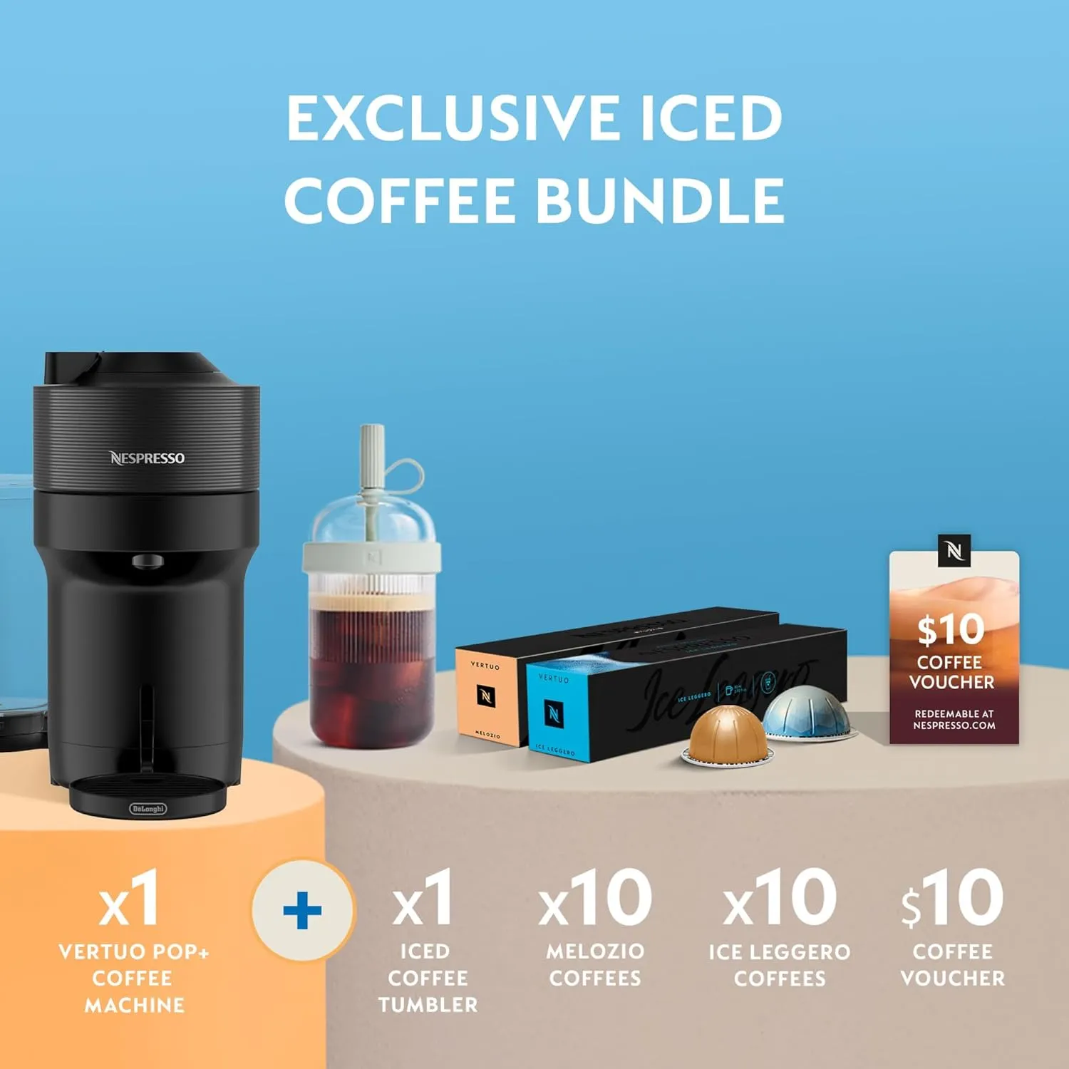 Nespresso Vertuo Pop  Cold Value Added Bundle by De'Longhi, Liquorice Black