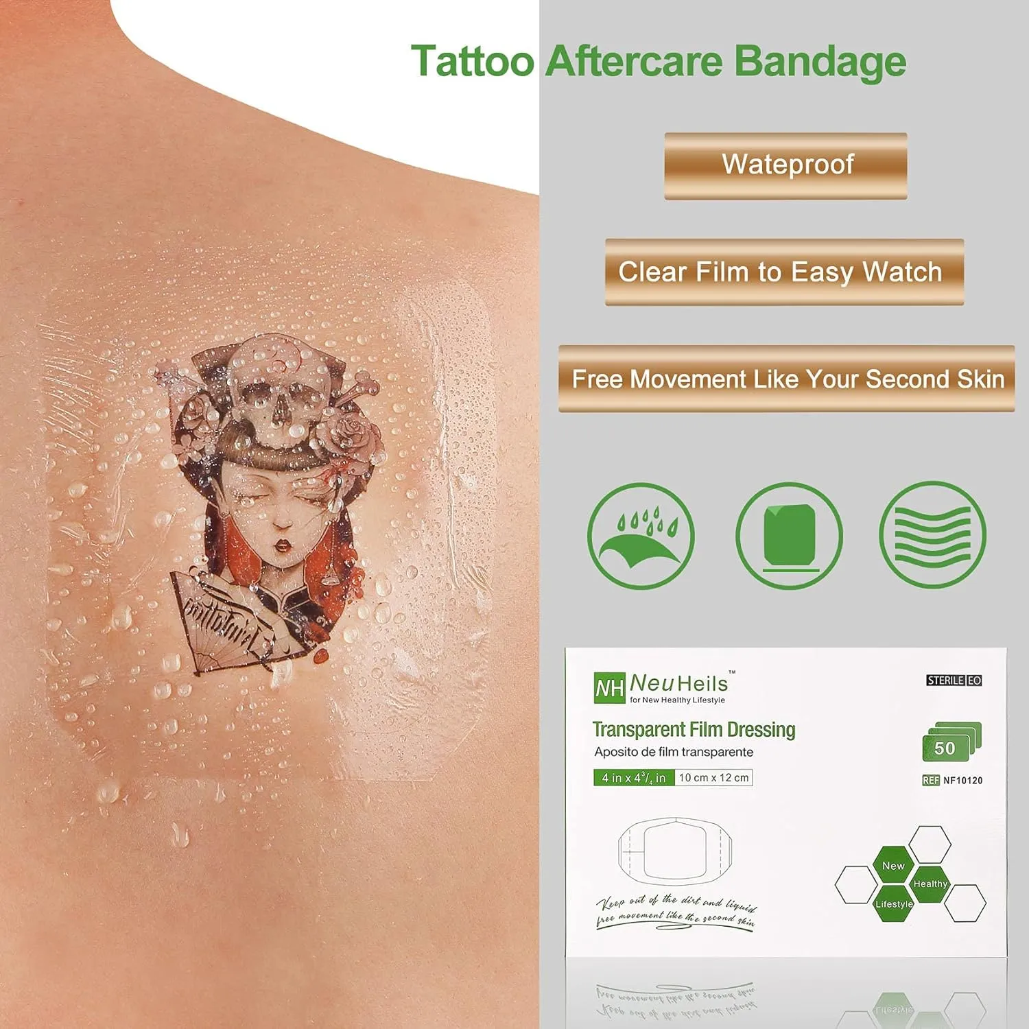 NeuHeils Transparent Film Dressing 4''x4.75'', 50 Packs, Large Waterproof Wound Cover Bandage, Post Surgical Shower or IV Shield, Tattoo Aftercare Bandage, Adhesive Patch 4 x 4 3/4 Inch